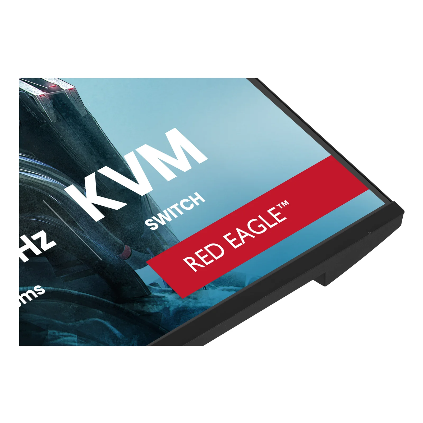 Détail du coin inférieur droit de l'écran avec mention KVM Switch et badge Red Eagle en rouge