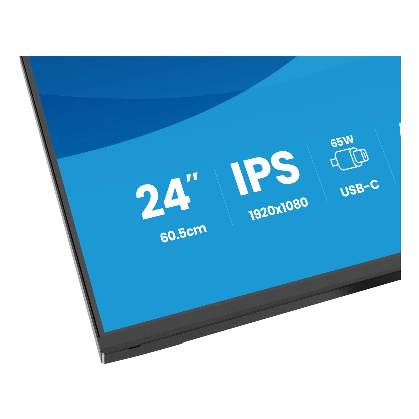 Gros plan bas gauche du moniteur Iiyama ProLite XB2497HSN, inscriptions techniques 24 pouces IPS 1920x1080 USB-C 65 W lisibles sur la tranche