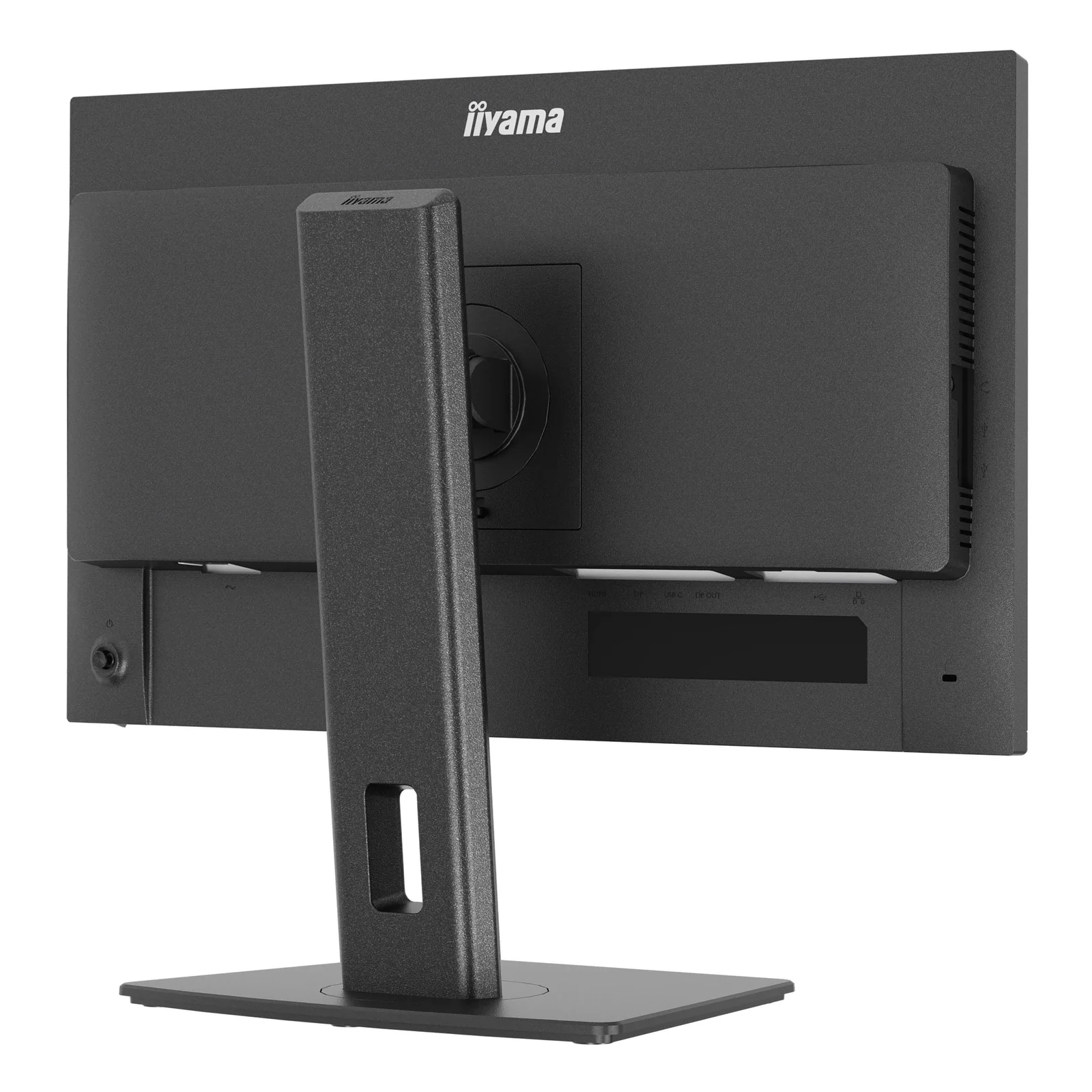 Vue 3/4 arrière gauche de l'Iiyama ProLite XB2497HSN, panneau arrière avec logo iiyama, colonne et bras du pied ergonomique visibles