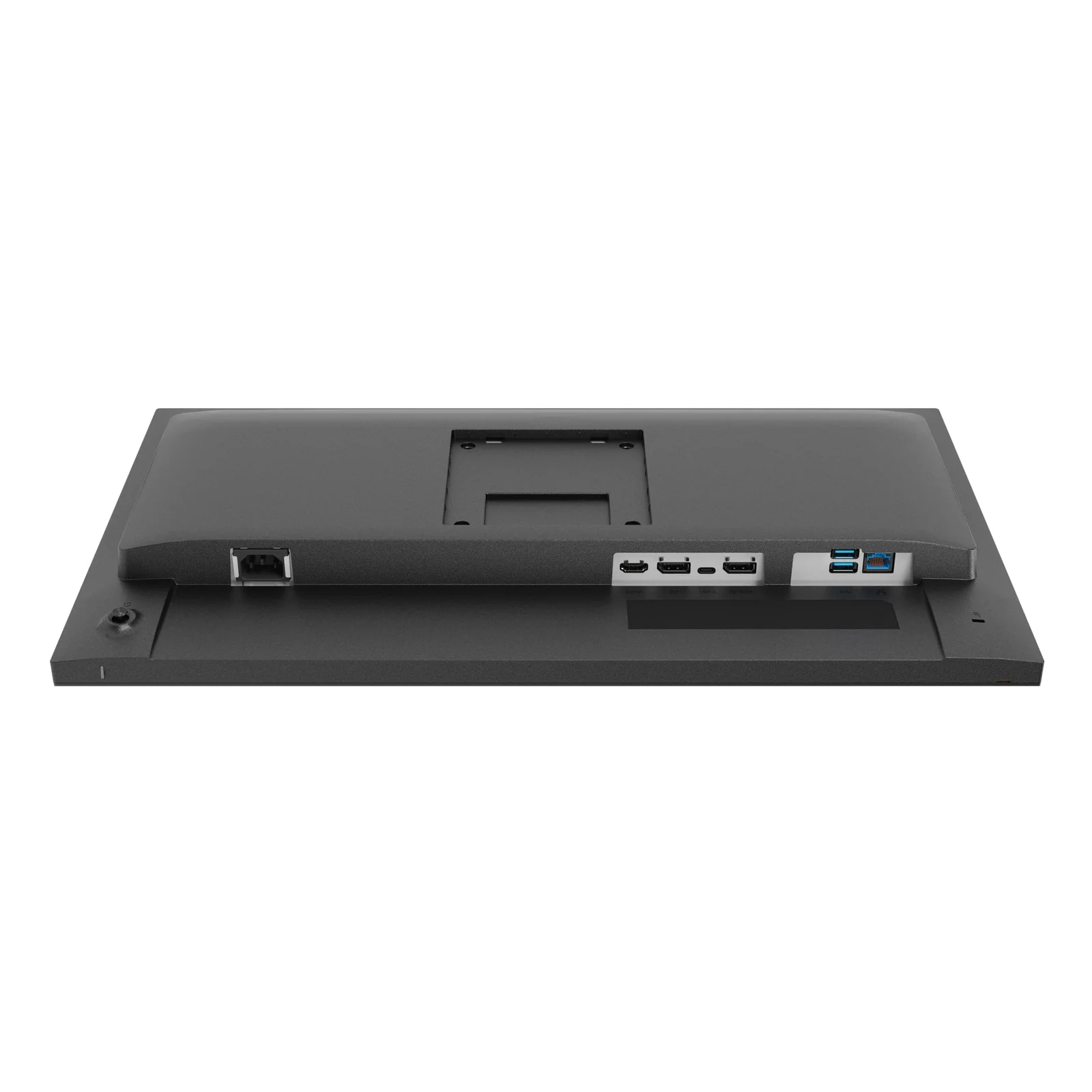 Dessous du moniteur Iiyama ProLite XB2497HSN posé à plat, panneau arrière montrant les ports HDMI, DisplayPort, USB-C, 3 USB-A, RJ45 et alimentation