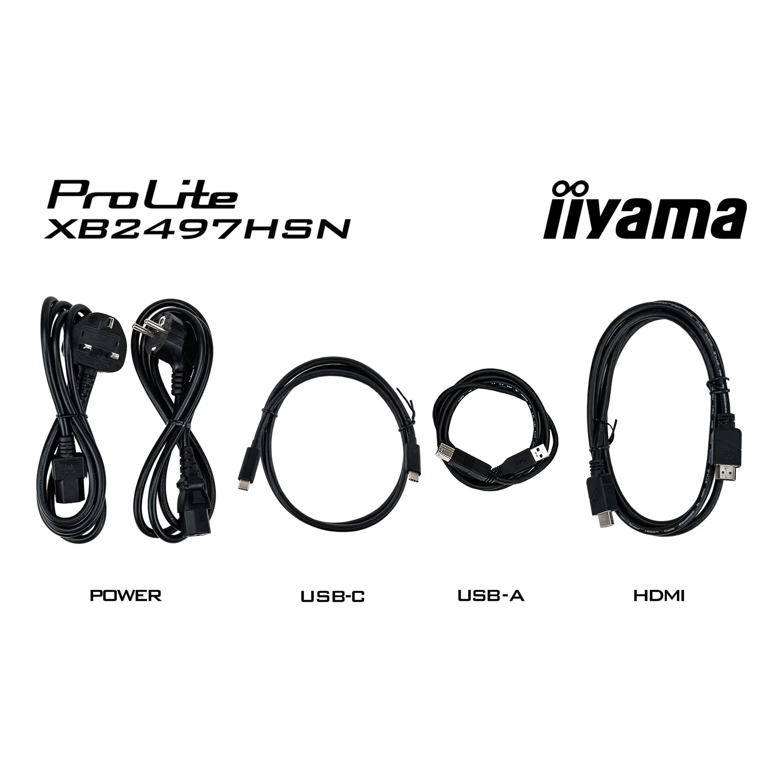 Accessoires fournis avec l'Iiyama ProLite XB2497HSN posés sur fond blanc, comprenant un cordon secteur, un câble HDMI et un câble USB-C