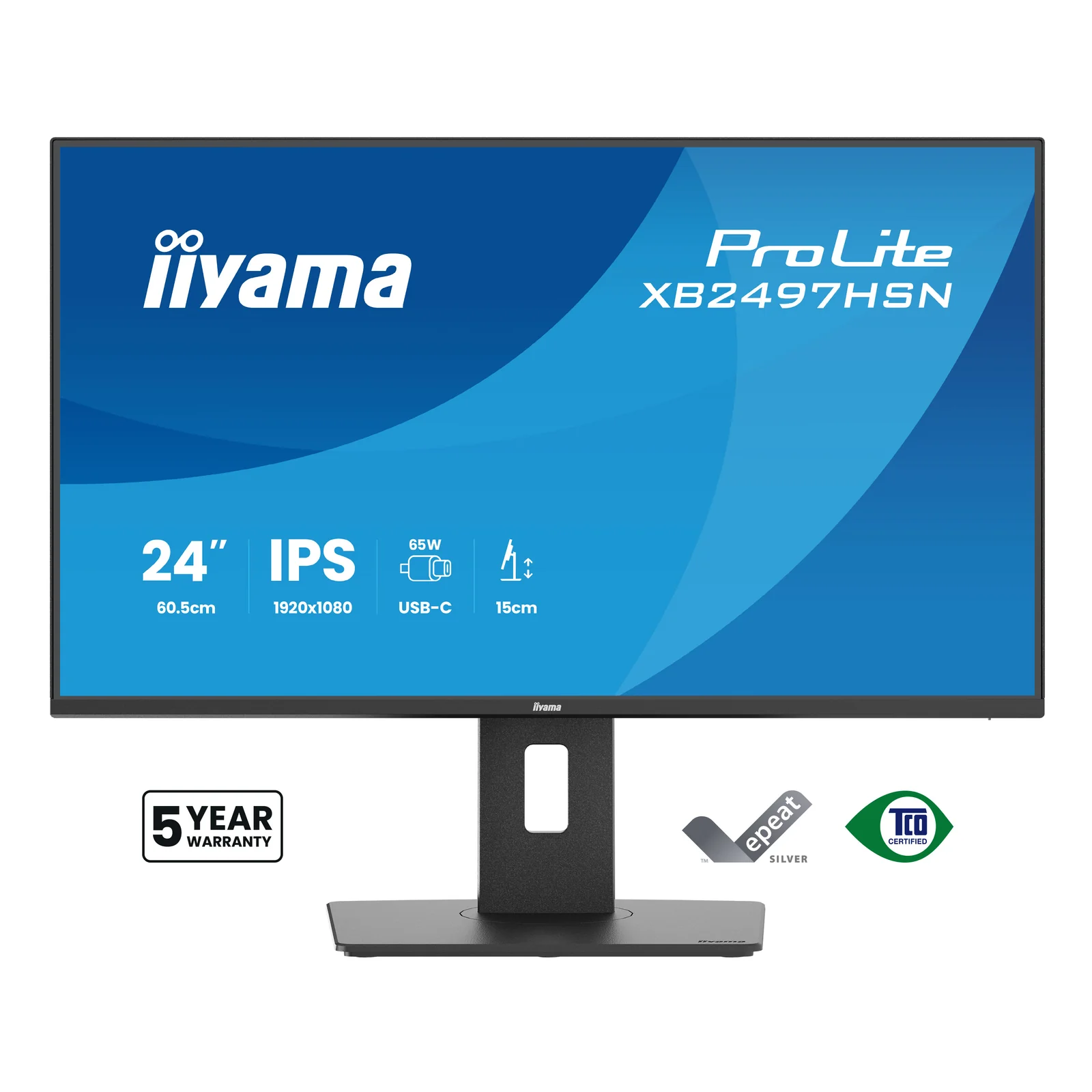 Iiyama ProLite XB2497HSN de face, écran affichant 24 pouces IPS FHD USB-C 65 W, badges garantie 5 ans EPEAT Silver et TCO Certified, pied à hauteur intermédiaire