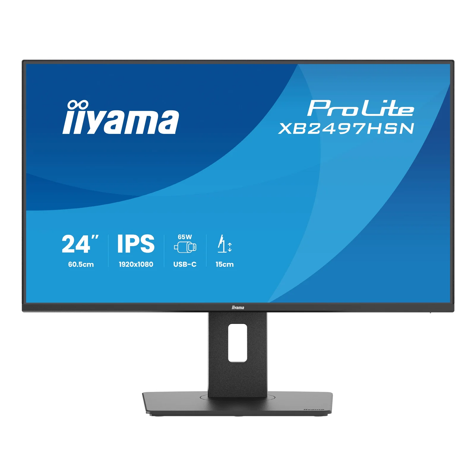 Iiyama ProLite XB2497HSN, vue de face sur fond blanc, écran éteint, bord fin trois côtés et pied noir mat