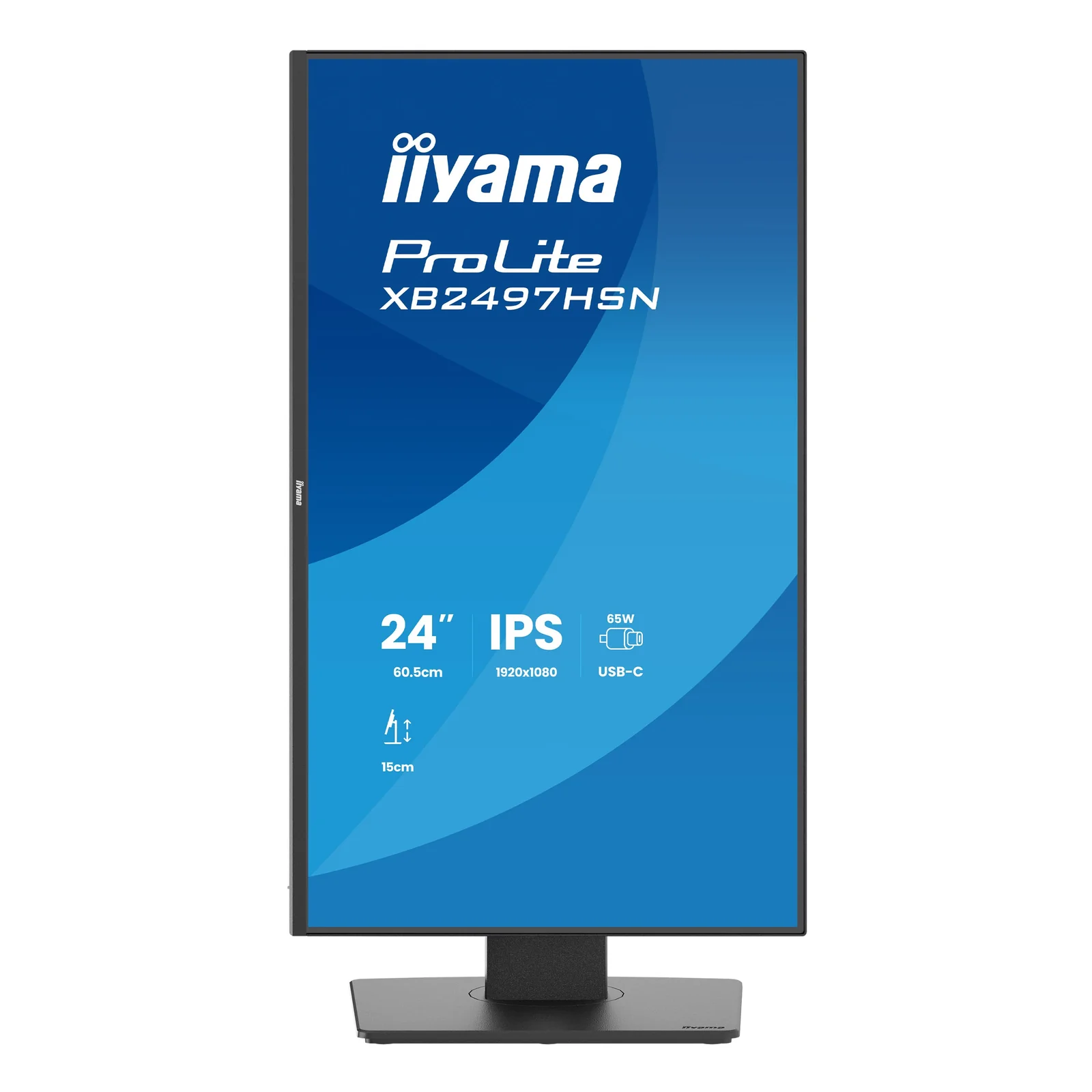 Iiyama ProLite XB2497HSN en mode portrait, écran pivoté à 90 degrés affichant le nom du modèle et les caractéristiques en orientation verticale