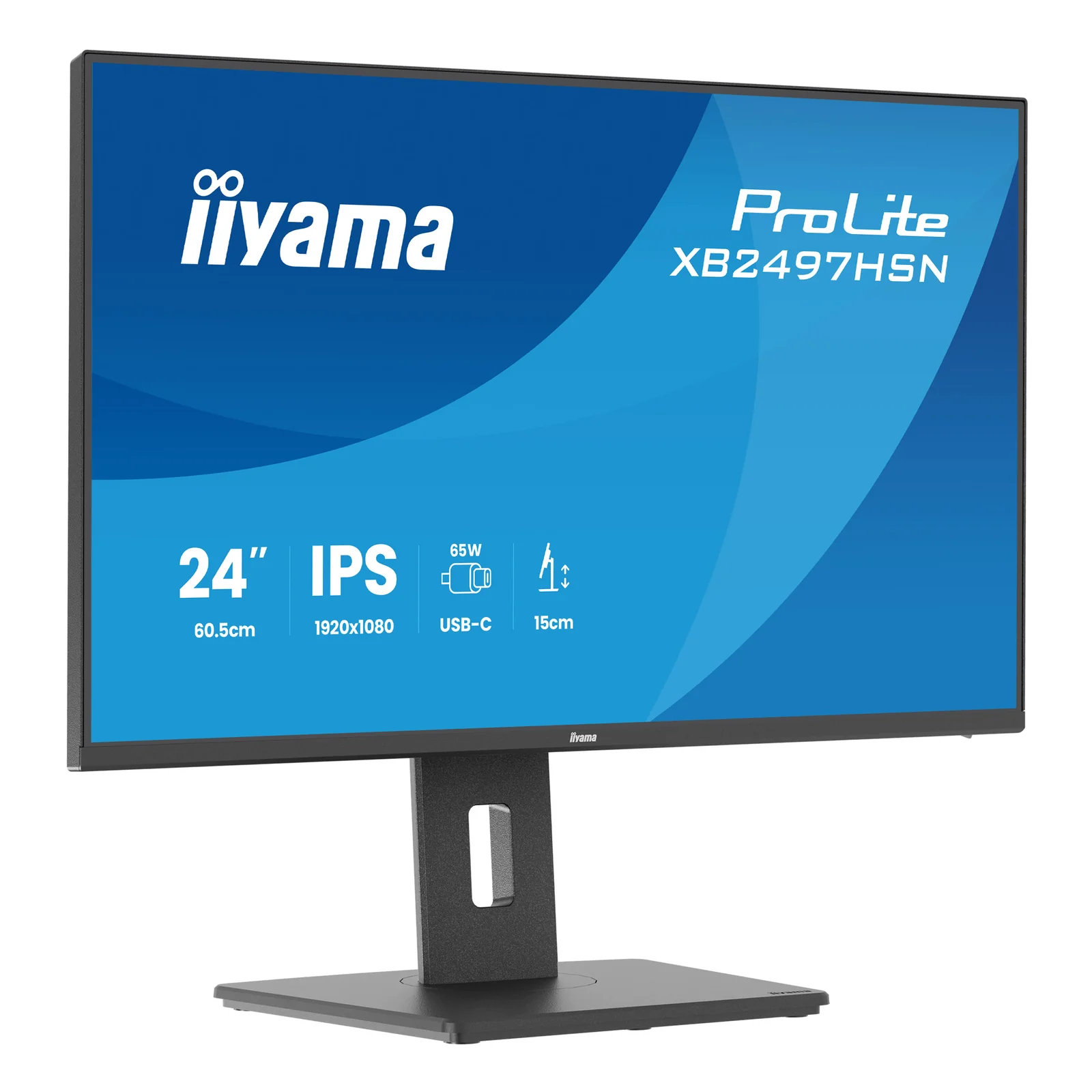 Iiyama ProLite XB2497HSN, vue de 3/4 droite sur fond blanc, bord fin trois côtés et pied réglable visible