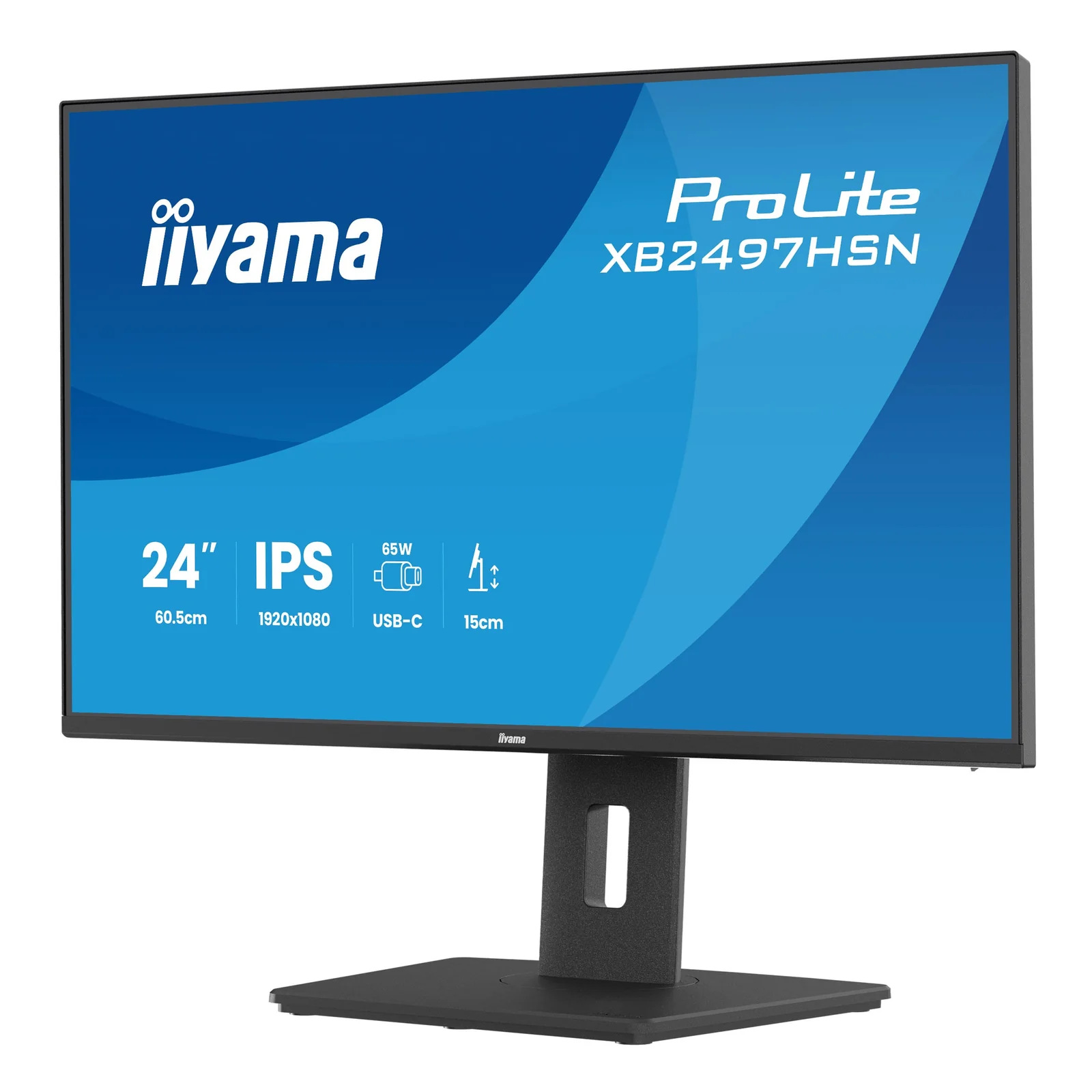 Iiyama ProLite XB2497HSN, vue de 3/4 gauche sur fond blanc, pied et colonne de réglage en hauteur visibles