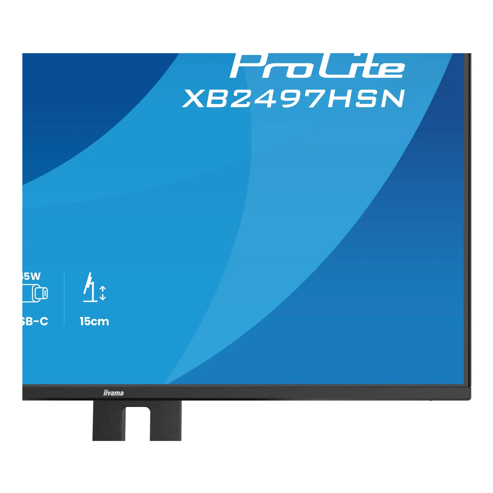 Gros plan sur la partie inférieure de l'écran Iiyama ProLite XB2497HSN, inscriptions du modèle et des specs USB-C 65 W et réglage hauteur 15 cm
