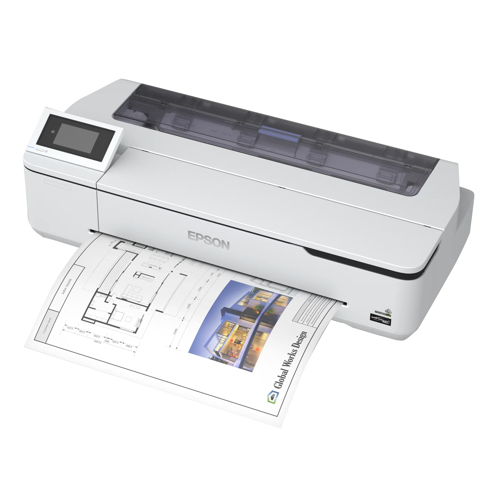 Epson SureColor SC-T2100 vue trois quarts avec écran tactile 4,3 pouces et tirage A1