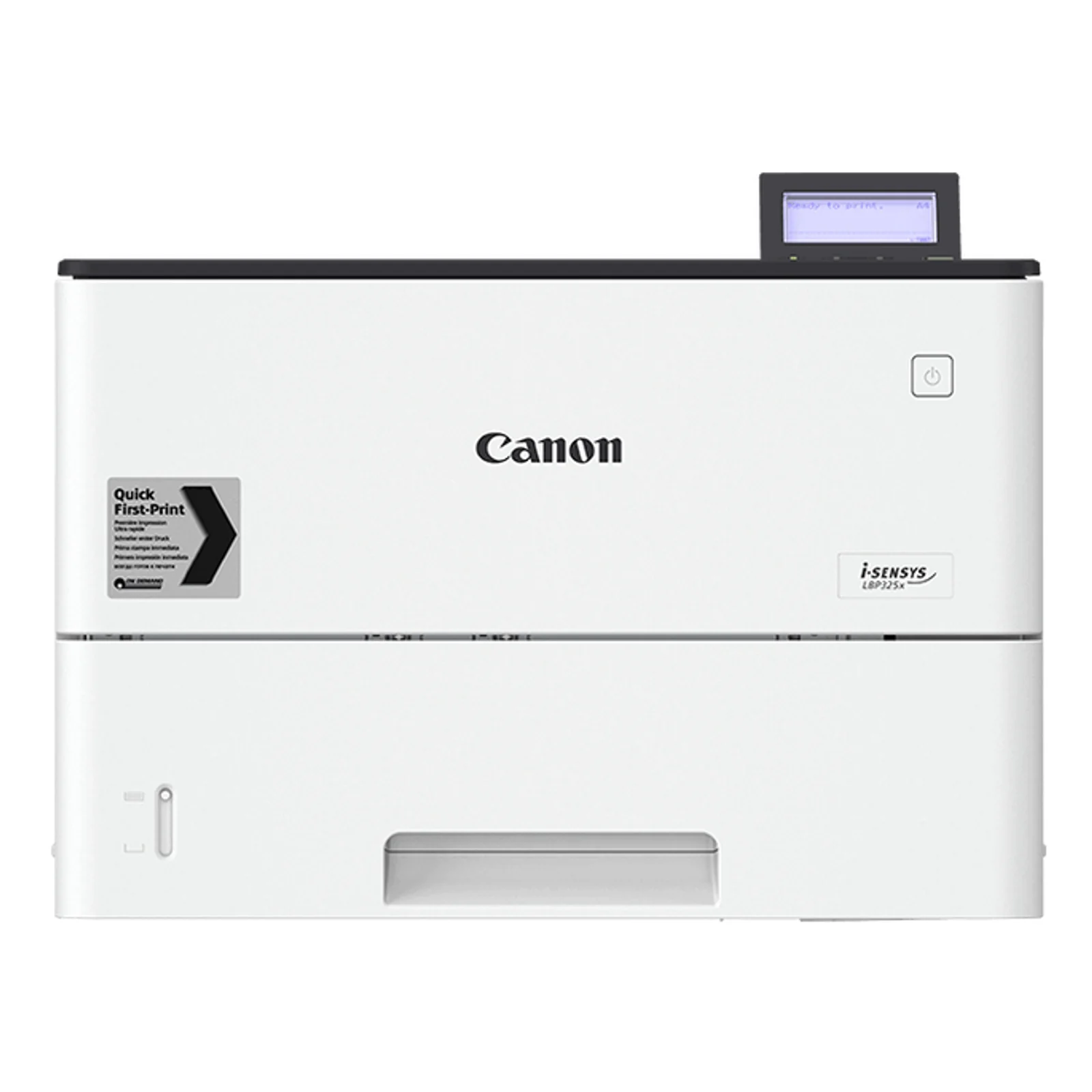 Imprimante Canon i-SENSYS LBP325x vue de face avec étiquette Quick First-Print et écran indiquant Ready to print