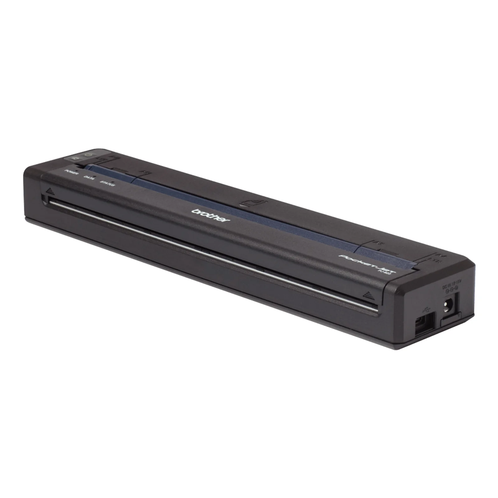 Brother PocketJet PJ-823 vue trois quarts montrant le port USB-C et la prise d'alimentation DC sur le côté
