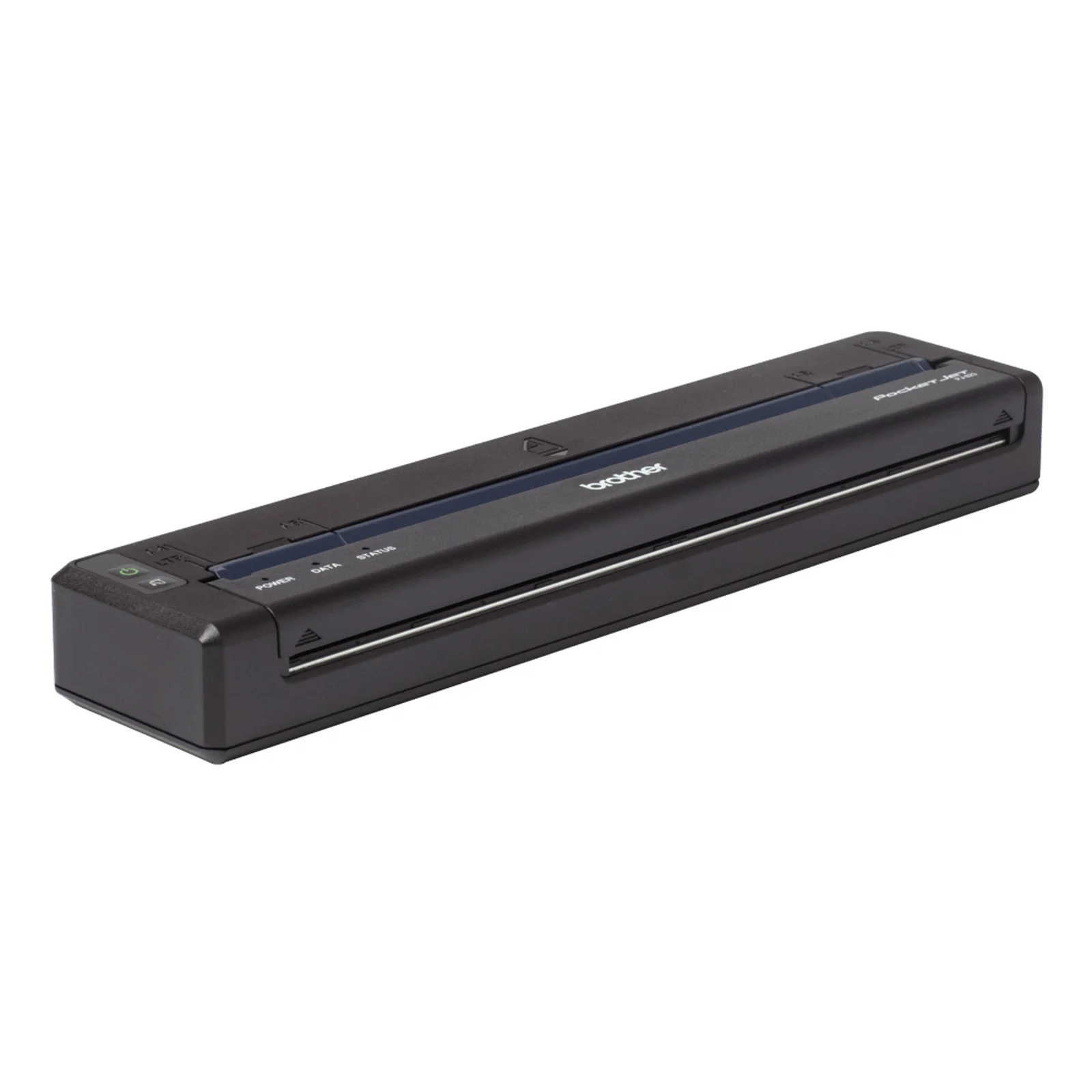 Imprimante mobile Brother PJ-823 noire en perspective avec couvercle papier et bandeau Pocket Jet visible
