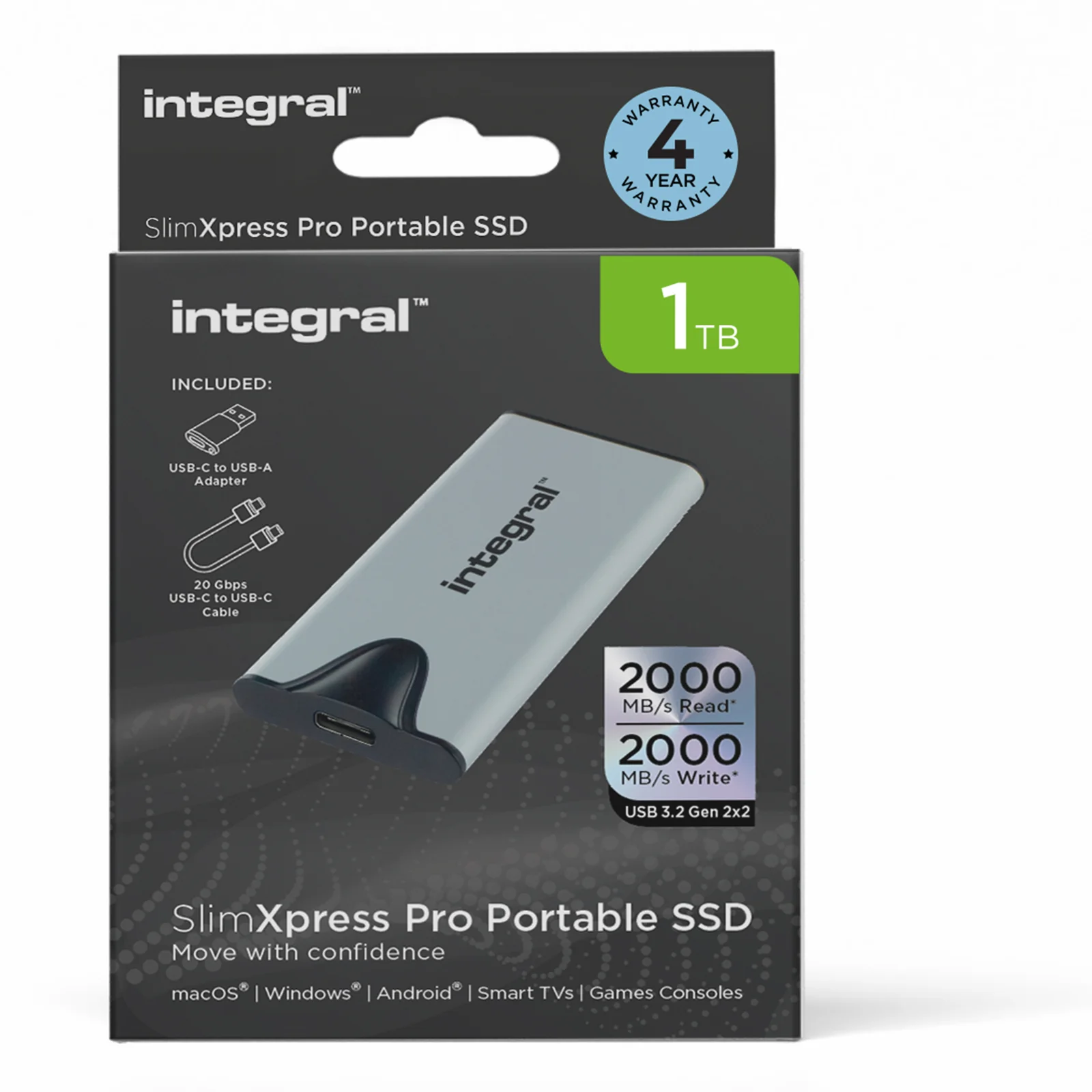 Integral SlimXpress Pro INSSD1TPORT3.2SLIMXS lecteur à circuits intégrés externe 1 To USB 3.2 Gen 2x2