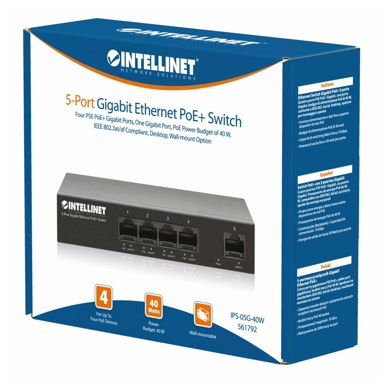 Intellinet 561792 commutateur réseau Gigabit Ethernet (10/100/1000) Connexion Ethernet, supportant l'alimentation via ce port (PoE) Noir