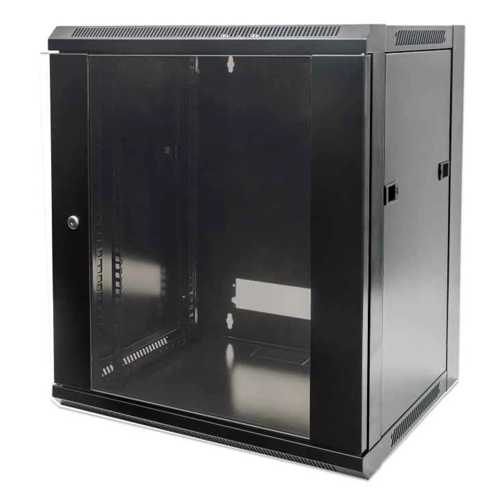 Armoire réseau murale 19" (standard), 15U, profondeur 600 mm, noire, en kit, charge max. 60 kg, utilisable sur bureau ou sol, profondeur utile 410 mm, porte métal et verre, panneaux latéraux amovibles