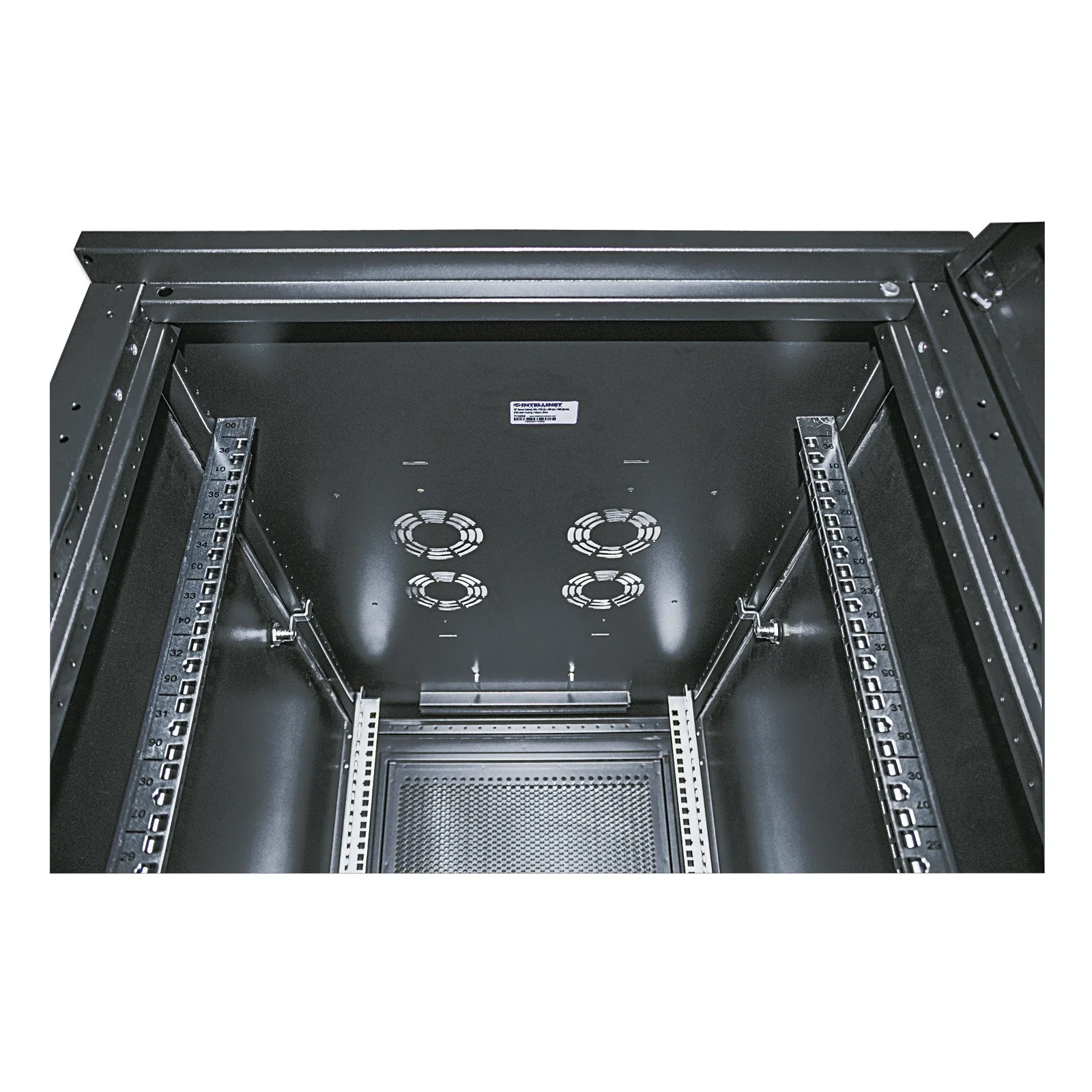 Intellinet Armoire serveur autoportante 19", 36U, 600 × 1000 mm (largeur x profondeur), noire, en kit, charge max. 1500 kg, verrouillage multipoints, Une serrure par panneau latéral, profondeur utile 123 à 773 mm, IP20, acier
