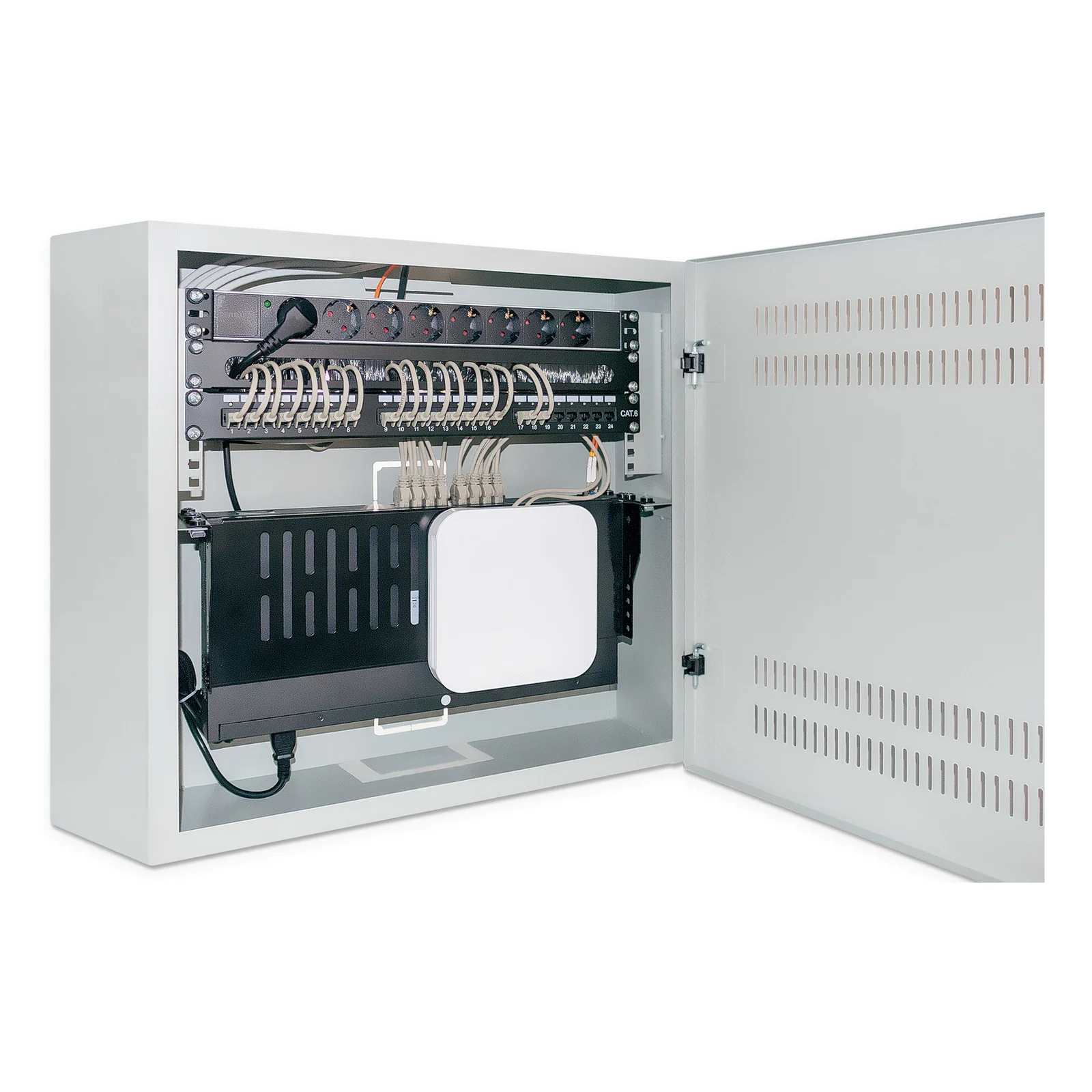Intellinet Coffret mural 19" extra-plat avec rails 4U horizontaux et 2U verticaux, profondeur 170 mm, idéal AV/multimédia/surveillance, assemblé, gris RAL 7035