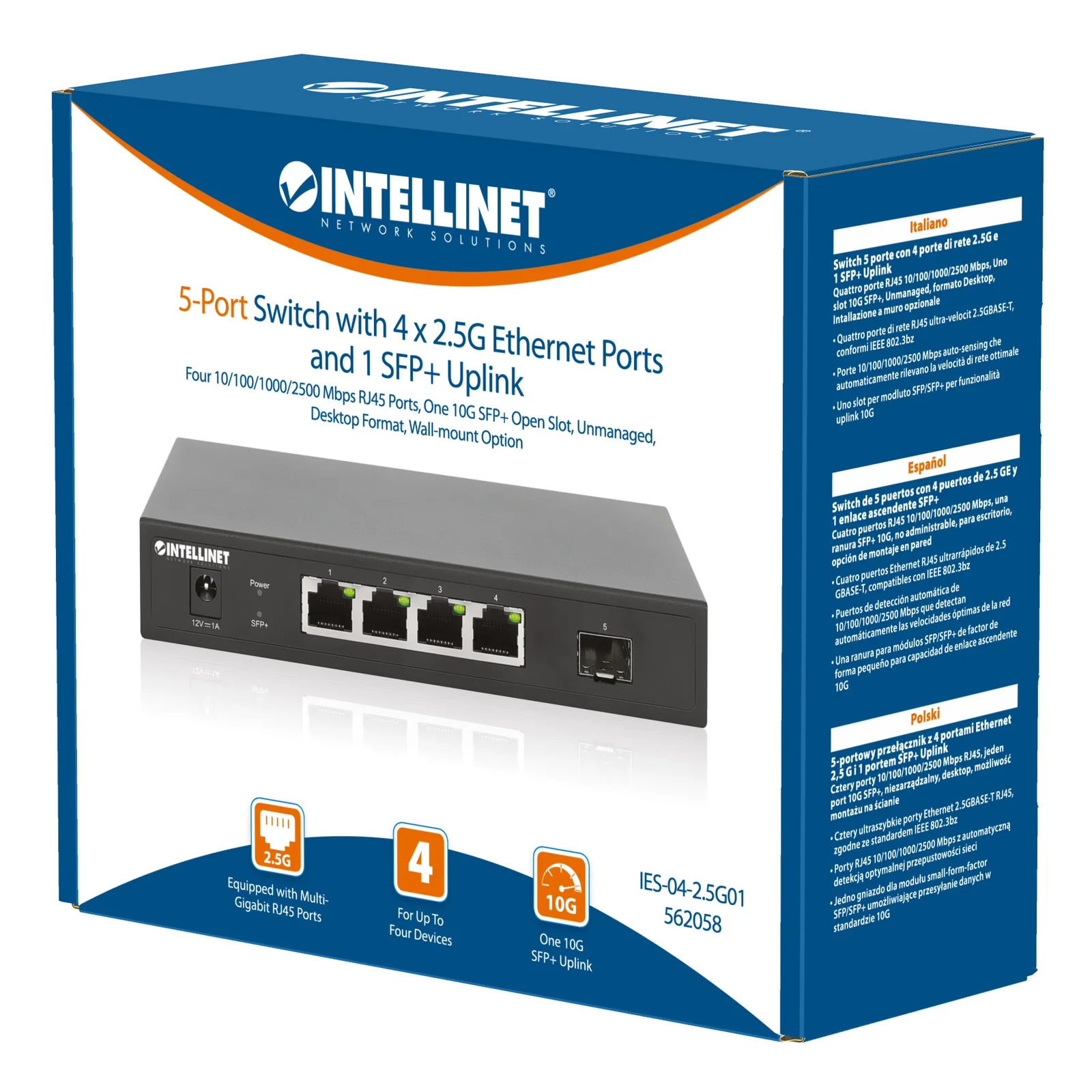 Intellinet Commutateur réseau (switch) 5 ports avec 4 ports Ethernet 2,5G et 1 liaison montante SFP+ 10G, non administrable, format bureau, option montage mural, garantie de 3 ans
