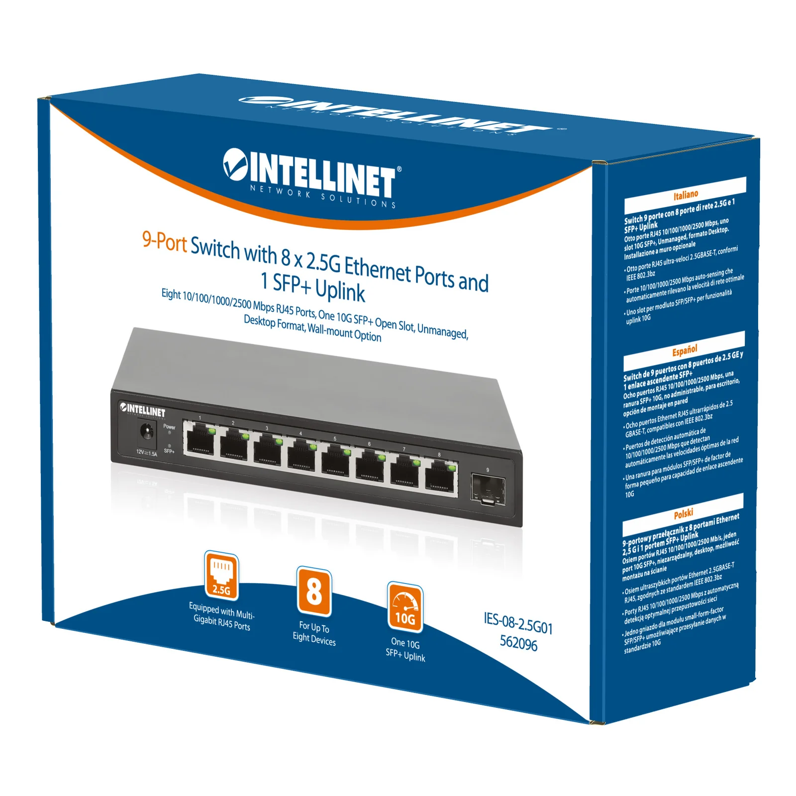 Intellinet Commutateur réseau (switch) 9 ports avec 8 ports Ethernet 2,5G et 1 liaison montante SFP+ 10G, non administrable, format bureau, option montage mural, garantie de 3 ans