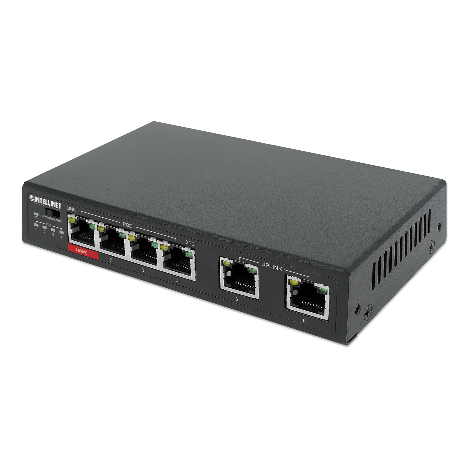 Commutateur réseau (switch) Fast Ethernet 6 ports avec 4 ports PoE (dont 1 port PoE haute puissance 60 W), budget PoE 65 W, compatible IEEE 802.3at/af, mode d’extension PoE, 2 ports RJ45 uplink, VLAN, garantie de 3 ans
