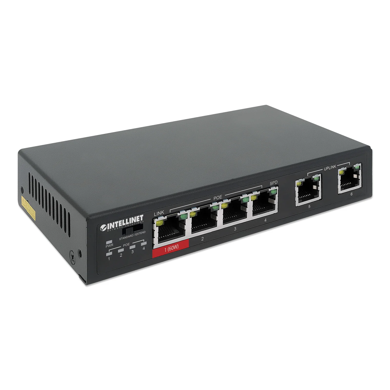Intellinet Commutateur réseau (switch) Fast Ethernet 6 ports avec 4 ports PoE (dont 1 port PoE haute puissance 60 W), budget PoE 65 W, compatible IEEE 802.3at/af, mode d’extension PoE, 2 ports RJ45 uplink, VLAN, garantie de 3 ans