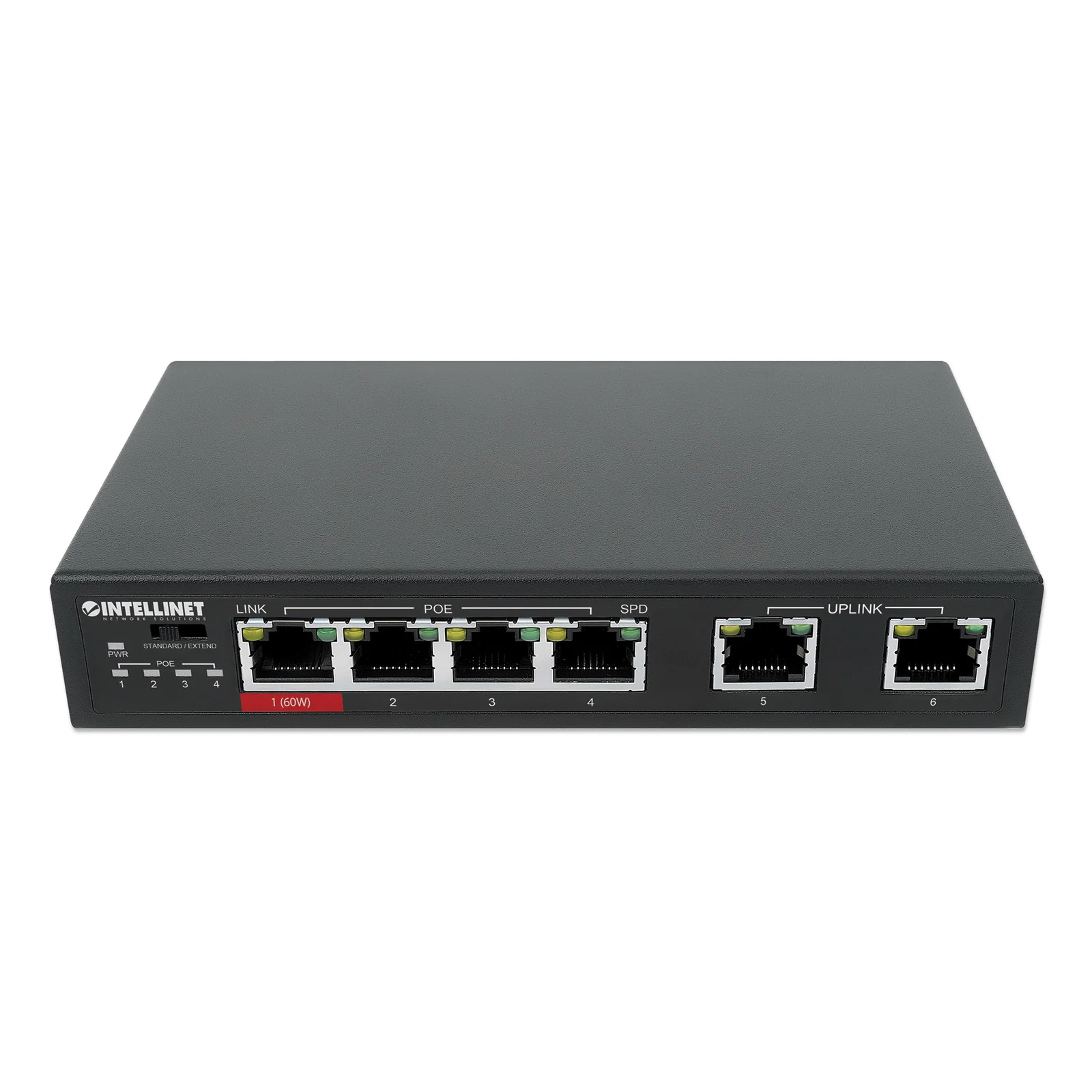 Intellinet Commutateur réseau (switch) Fast Ethernet 6 ports avec 4 ports PoE (dont 1 port PoE haute puissance 60 W), budget PoE 65 W, compatible IEEE 802.3at/af, mode d’extension PoE, 2 ports RJ45 uplink, VLAN, garantie de 3 ans