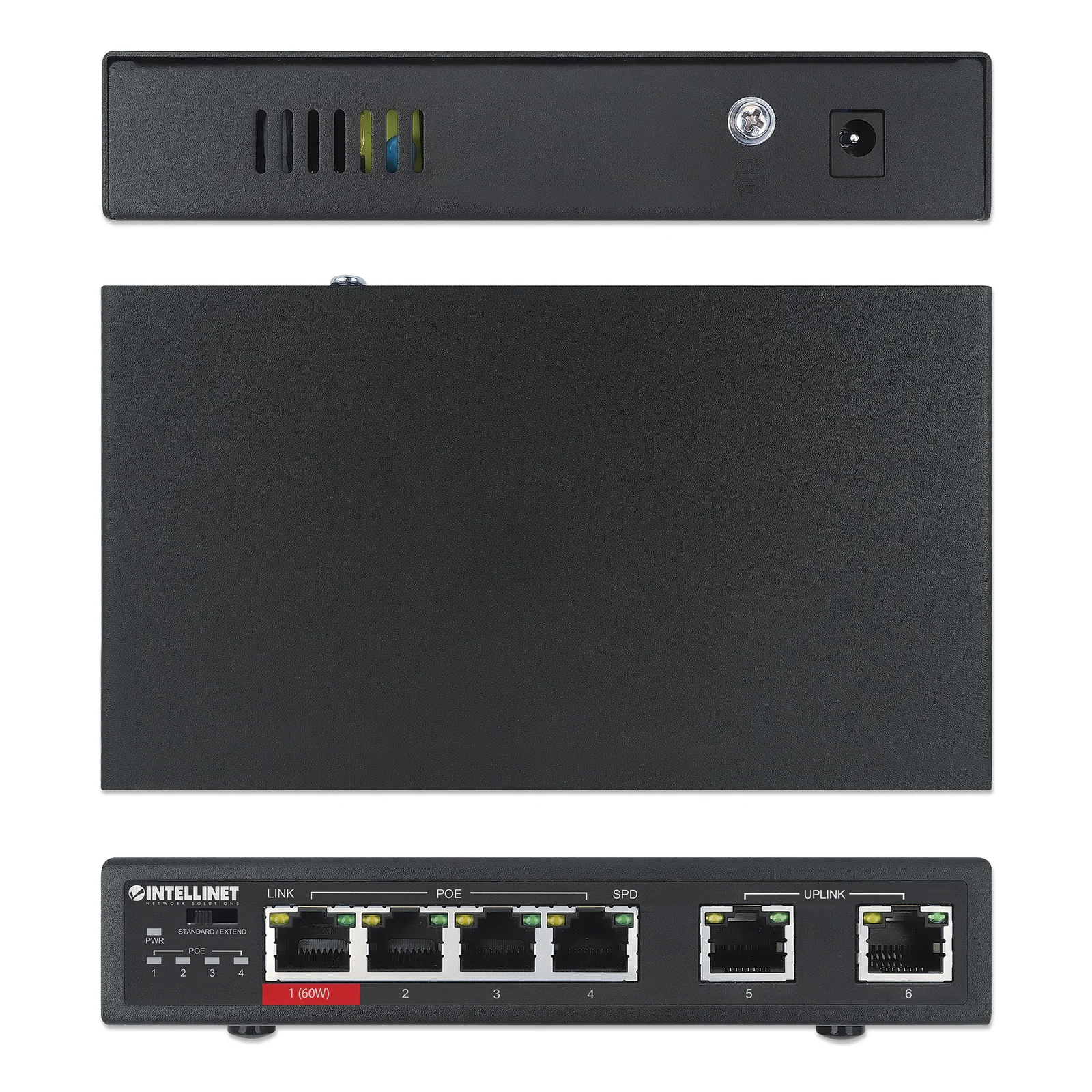 Intellinet Commutateur réseau (switch) Fast Ethernet 6 ports avec 4 ports PoE (dont 1 port PoE haute puissance 60 W), budget PoE 65 W, compatible IEEE 802.3at/af, mode d’extension PoE, 2 ports RJ45 uplink, VLAN, garantie de 3 ans