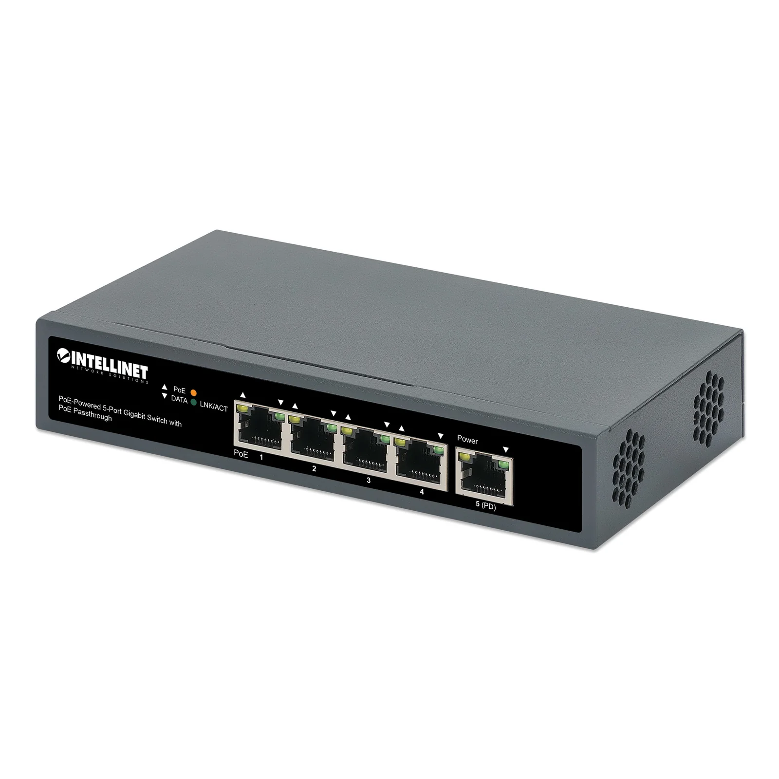 Commutateur réseau (switch) Gigabit 5 ports avec passthrough PoE, 1 port PD PoE++ 95 W, 4 ports PSE PoE, budget PoE jusqu’à 65 W, IEEE 802.3at/af, bureau ou mural, garantie de 3 ans