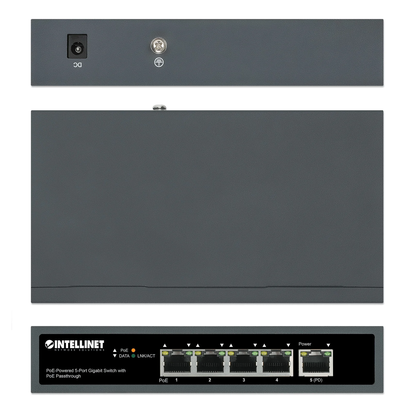 Intellinet Commutateur réseau (switch) Gigabit 5 ports avec passthrough PoE, 1 port PD PoE++ 95 W, 4 ports PSE PoE, budget PoE jusqu’à 65 W, IEEE 802.3at/af, bureau ou mural, garantie de 3 ans