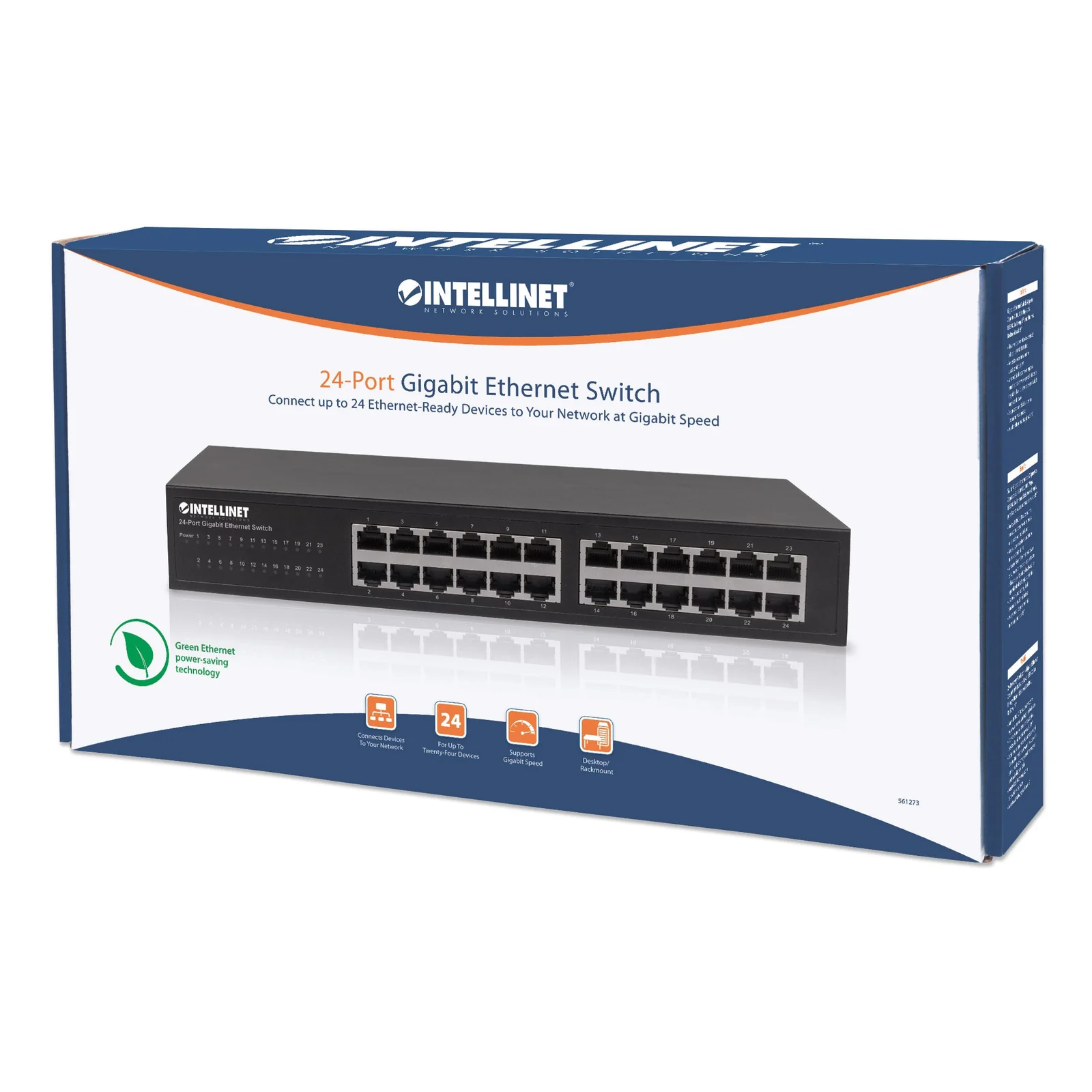 Intellinet Commutateur réseau (switch) Gigabit Ethernet 24 ports, 24 ports RJ45, IEEE 802.3az (Ethernet éco-énergétique), format bureau au rack 19", boîtier métal, garantie de 3 ans