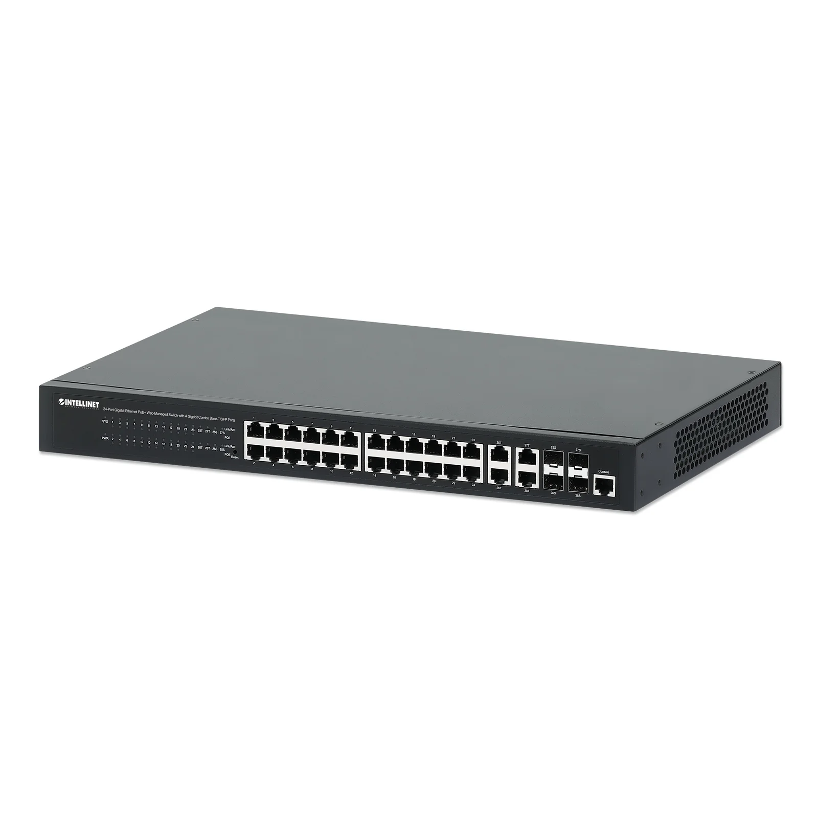 Commutateur réseau (switch) Gigabit Ethernet PoE+ 24 ports administrable via le Web avec 4 ports combo Base-T/SFP, compatible IEEE 802.3at/af, budget PoE 370 W, endspan, rack 19", garantie de 3 ans