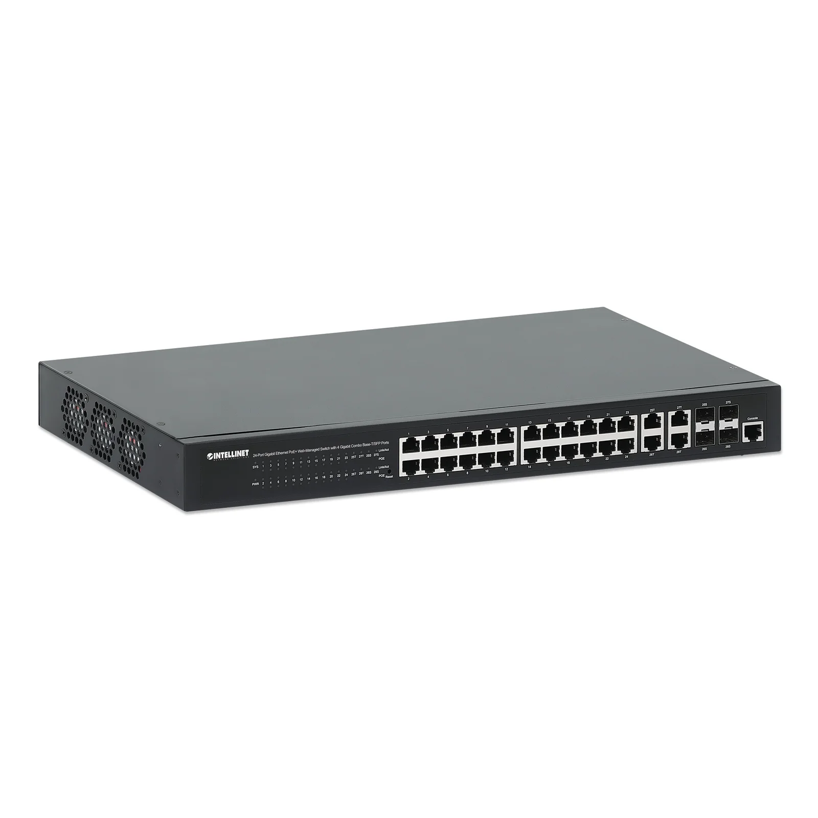 Intellinet Commutateur réseau (switch) Gigabit Ethernet PoE+ 24 ports administrable via le Web avec 4 ports combo Base-T/SFP, compatible IEEE 802.3at/af, budget PoE 370 W, endspan, rack 19", garantie de 3 ans