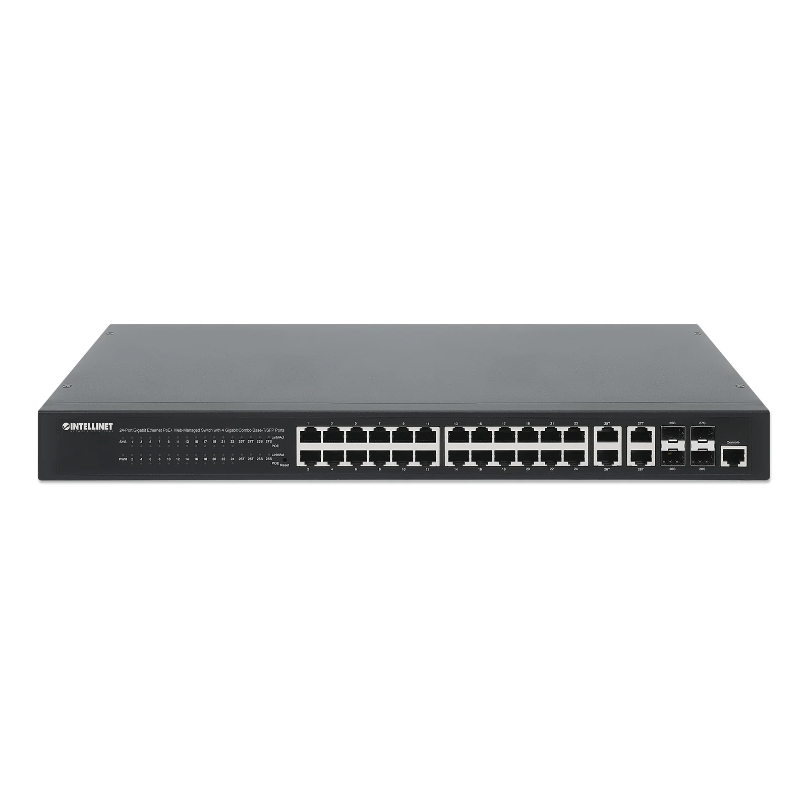 Intellinet Commutateur réseau (switch) Gigabit Ethernet PoE+ 24 ports administrable via le Web avec 4 ports combo Base-T/SFP, compatible IEEE 802.3at/af, budget PoE 370 W, endspan, rack 19", garantie de 3 ans