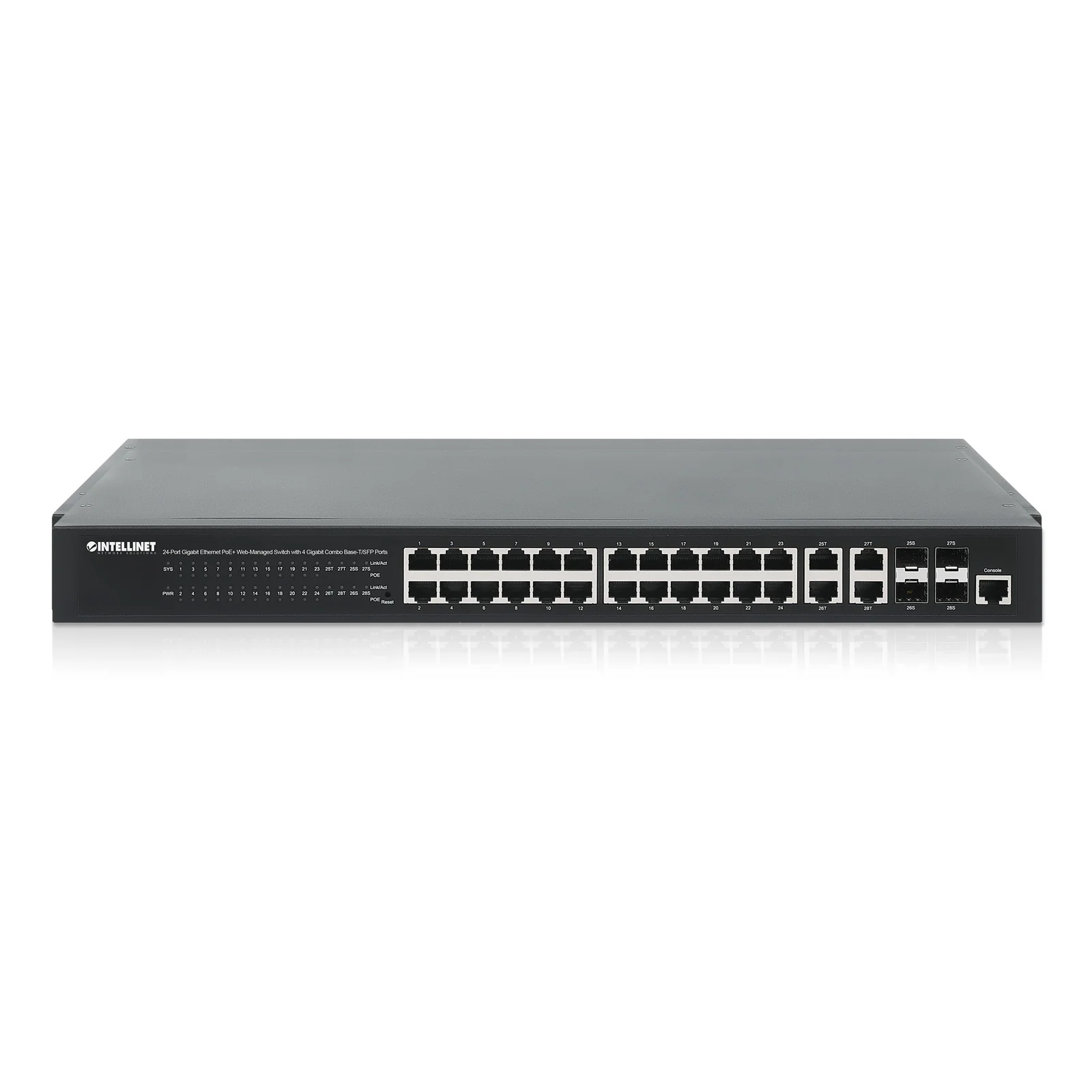 Intellinet Commutateur réseau (switch) Gigabit Ethernet PoE+ 24 ports administrable via le Web avec 4 ports combo Base-T/SFP, compatible IEEE 802.3at/af, budget PoE 370 W, endspan, rack 19", garantie de 3 ans