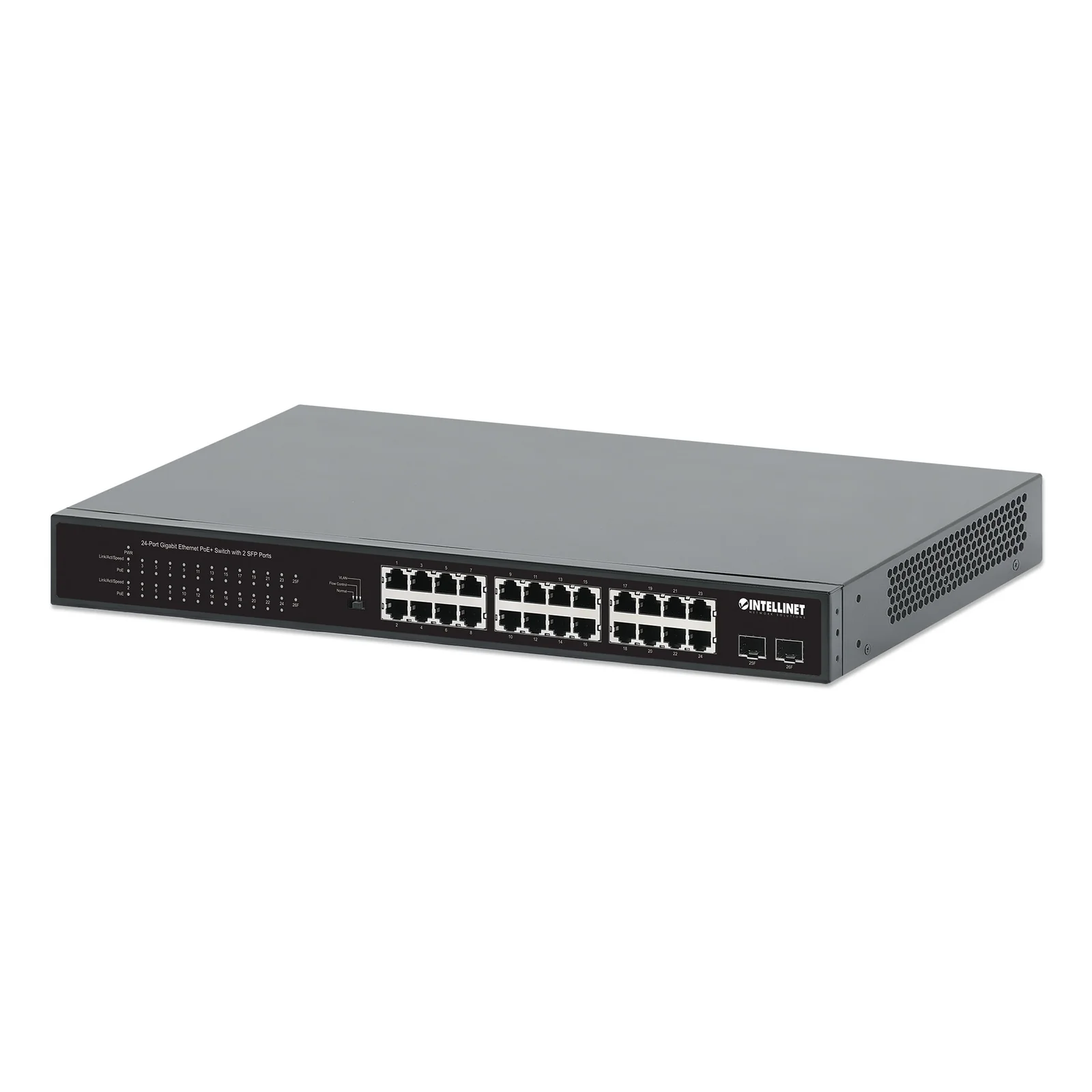 Commutateur réseau (switch) Gigabit Ethernet PoE+ 24 ports avec 2 ports SFP, compatible IEEE 802.3at/af (PoE+/PoE), budget PoE 370 W, 2 logements SFP 1G, montage en rack 19", garantie de 3 ans