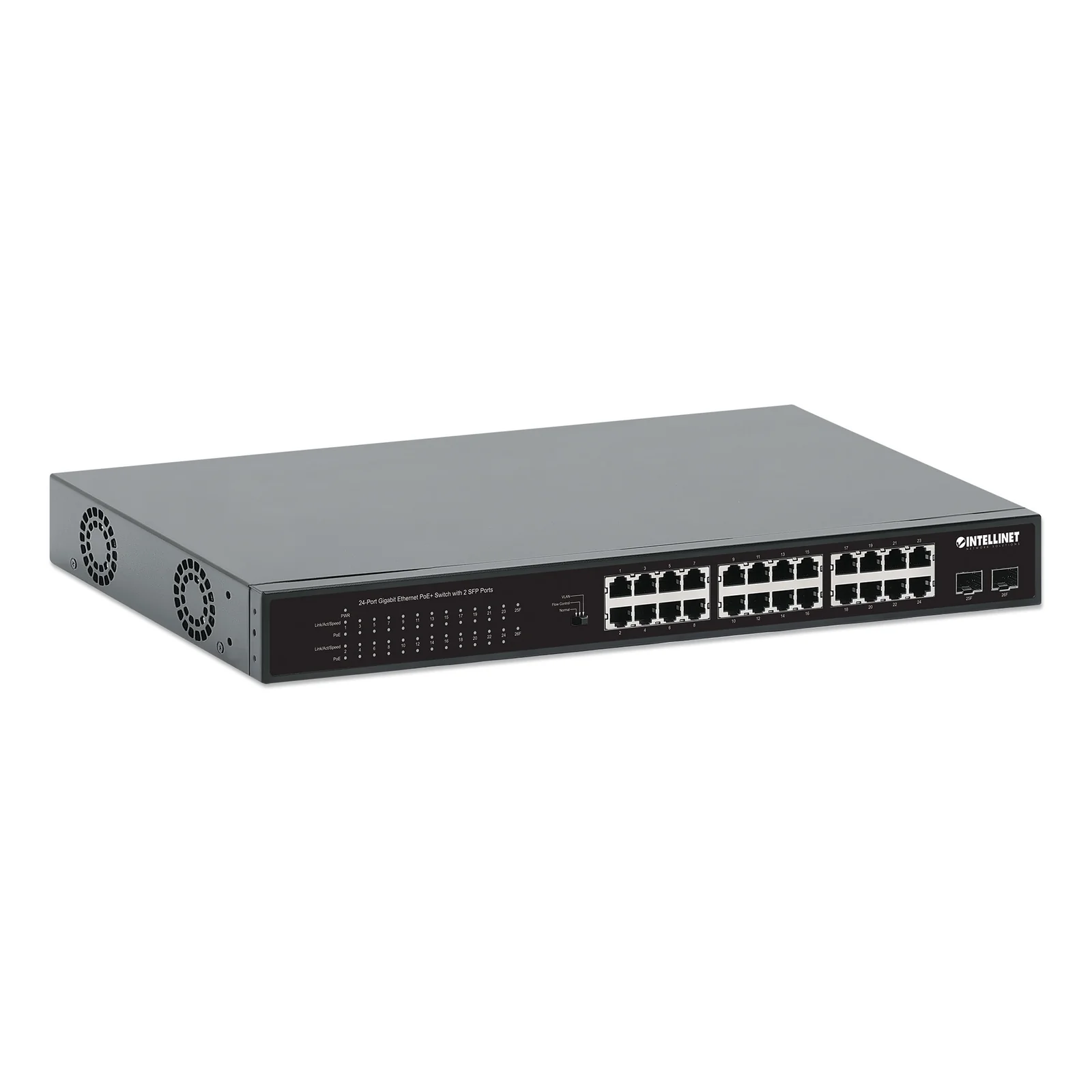 Intellinet Commutateur réseau (switch) Gigabit Ethernet PoE+ 24 ports avec 2 ports SFP, compatible IEEE 802.3at/af (PoE+/PoE), budget PoE 370 W, 2 logements SFP 1G, montage en rack 19", garantie de 3 ans