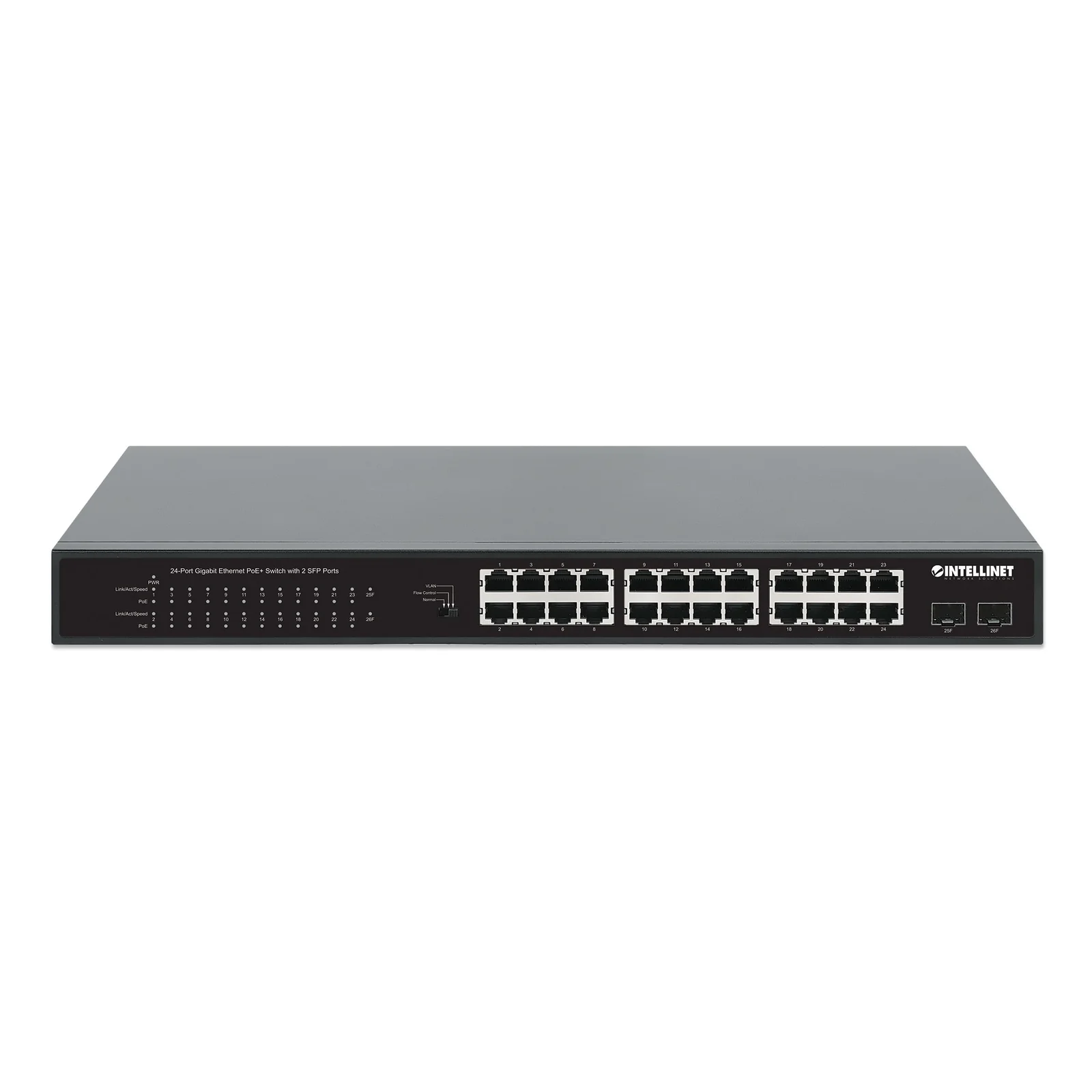 Intellinet Commutateur réseau (switch) Gigabit Ethernet PoE+ 24 ports avec 2 ports SFP, compatible IEEE 802.3at/af (PoE+/PoE), budget PoE 370 W, 2 logements SFP 1G, montage en rack 19", garantie de 3 ans