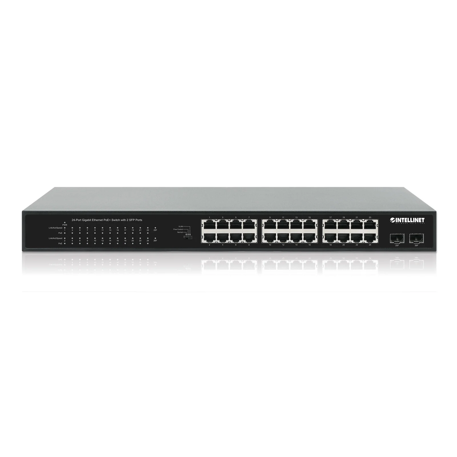 Intellinet Commutateur réseau (switch) Gigabit Ethernet PoE+ 24 ports avec 2 ports SFP, compatible IEEE 802.3at/af (PoE+/PoE), budget PoE 370 W, 2 logements SFP 1G, montage en rack 19", garantie de 3 ans