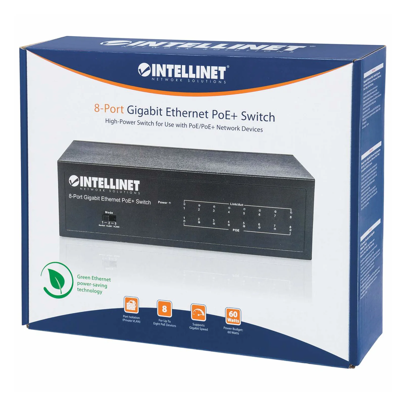 Intellinet Commutateur réseau (switch) Gigabit Ethernet PoE+ 8 ports, compatible IEEE 802.3at/af, budget PoE 60 W, format bureau, garantie de 3 ans
