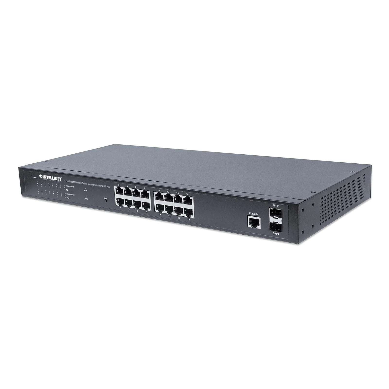 Commutateur réseau (switch) Gigabit Ethernet PoE+ administrable via interface Web à 16 ports avec 2 ports SFP, IEEE 802.3at/af, budget PoE 374 W, endspan, montage rack 19", garantie de 3 ans