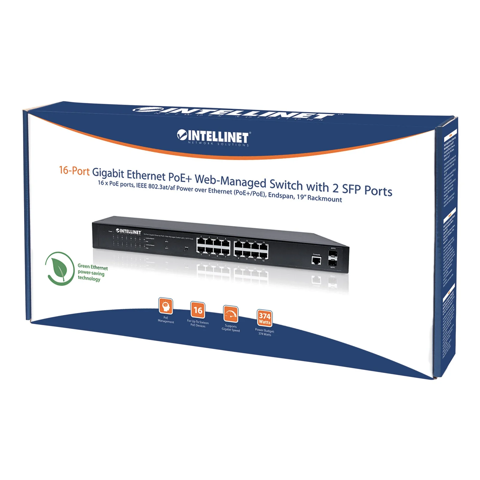 Intellinet Commutateur réseau (switch) Gigabit Ethernet PoE+ administrable via interface Web à 16 ports avec 2 ports SFP, IEEE 802.3at/af, budget PoE 374 W, endspan, montage rack 19", garantie de 3 ans