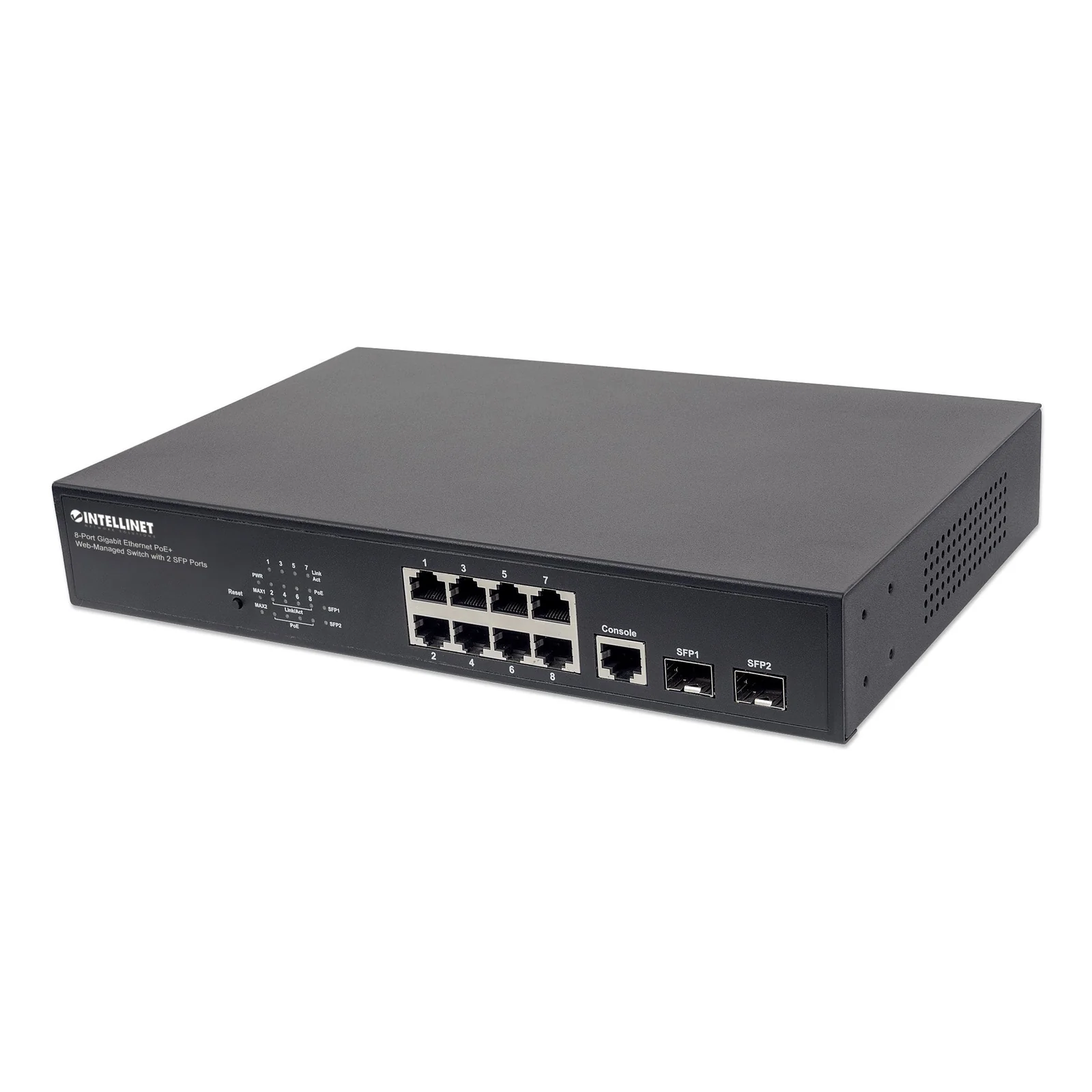 Commutateur réseau (switch) Gigabit Ethernet PoE+ administrable via le Web 8 ports avec 2 ports SFP, IEEE 802.3at/af, budget PoE 140 W, endspan, format bureau ou rack 19", garantie de 3 ans