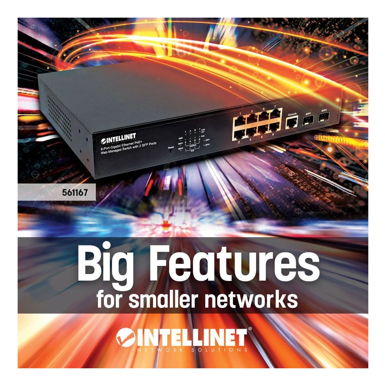 Intellinet Commutateur réseau (switch) Gigabit Ethernet PoE+ administrable via le Web 8 ports avec 2 ports SFP, IEEE 802.3at/af, budget PoE 140 W, endspan, format bureau ou rack 19", garantie de 3 ans