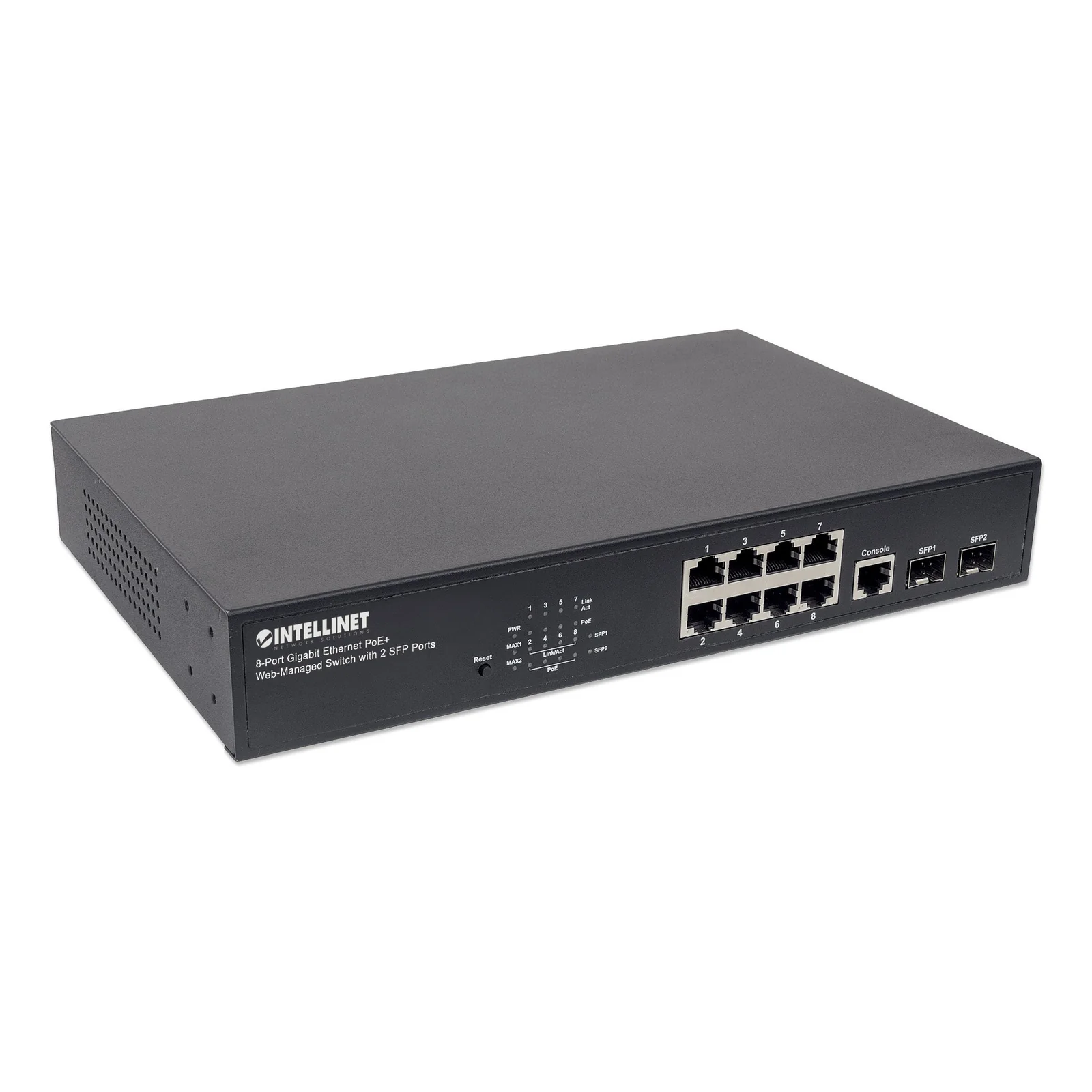 Intellinet Commutateur réseau (switch) Gigabit Ethernet PoE+ administrable via le Web 8 ports avec 2 ports SFP, IEEE 802.3at/af, budget PoE 140 W, endspan, format bureau ou rack 19", garantie de 3 ans