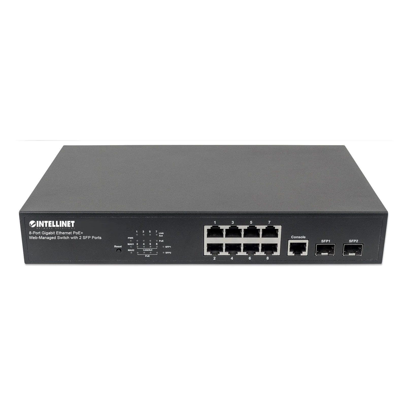 Intellinet Commutateur réseau (switch) Gigabit Ethernet PoE+ administrable via le Web 8 ports avec 2 ports SFP, IEEE 802.3at/af, budget PoE 140 W, endspan, format bureau ou rack 19", garantie de 3 ans