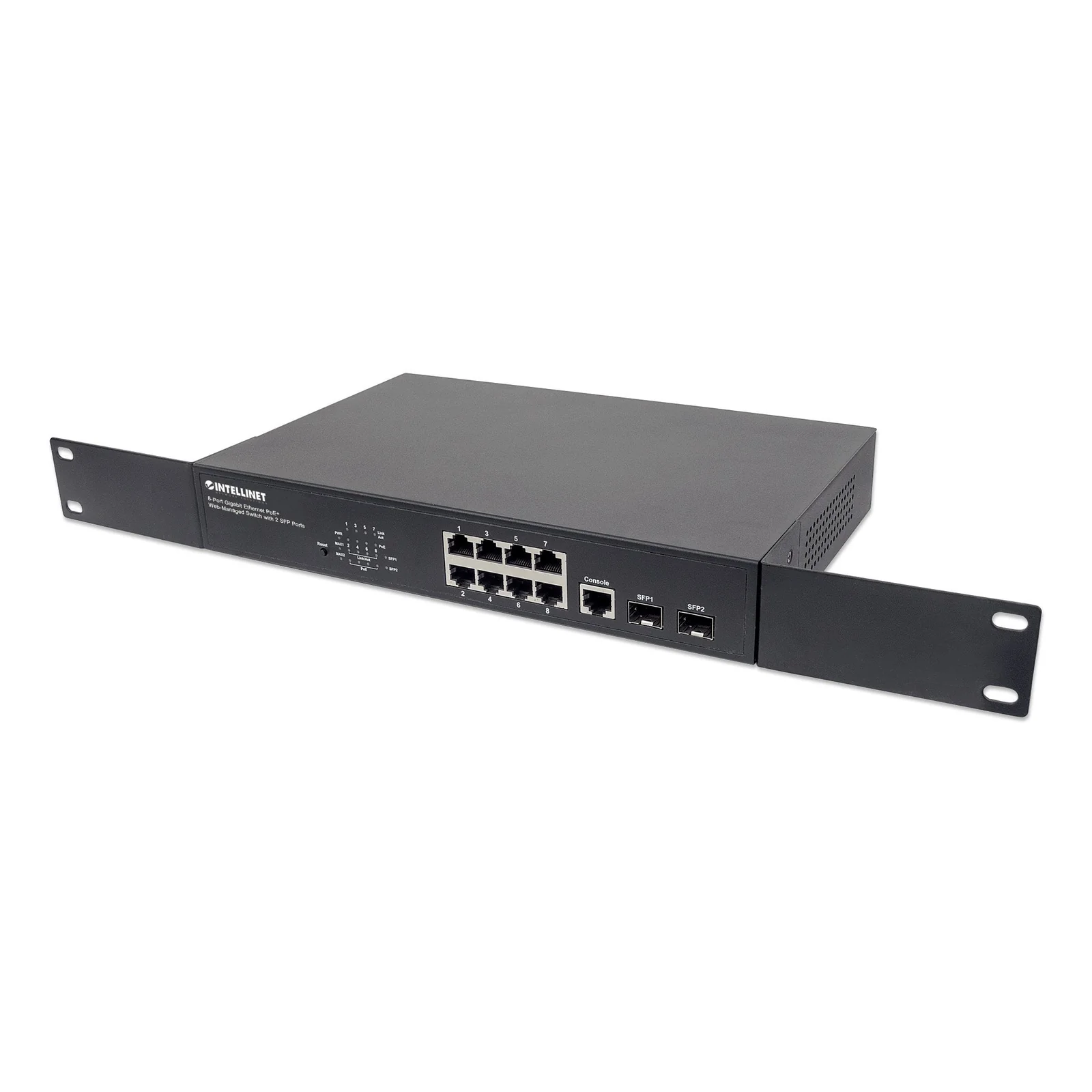 Intellinet Commutateur réseau (switch) Gigabit Ethernet PoE+ administrable via le Web 8 ports avec 2 ports SFP, IEEE 802.3at/af, budget PoE 140 W, endspan, format bureau ou rack 19", garantie de 3 ans