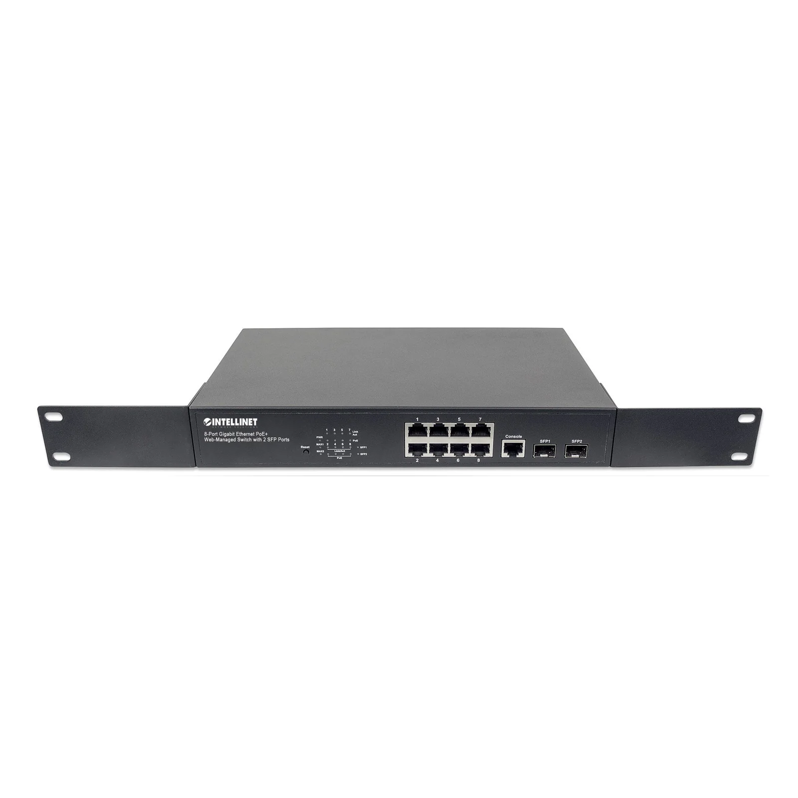 Intellinet Commutateur réseau (switch) Gigabit Ethernet PoE+ administrable via le Web 8 ports avec 2 ports SFP, IEEE 802.3at/af, budget PoE 140 W, endspan, format bureau ou rack 19", garantie de 3 ans