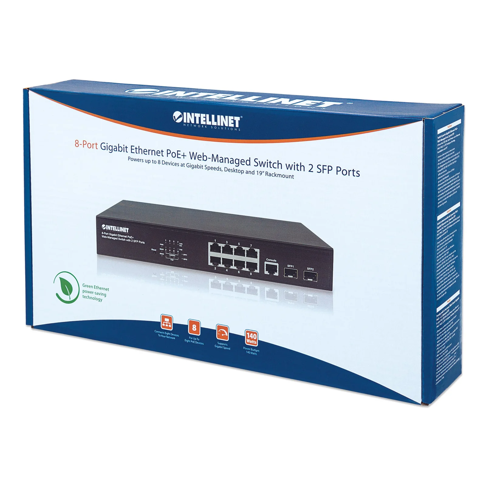 Intellinet Commutateur réseau (switch) Gigabit Ethernet PoE+ administrable via le Web 8 ports avec 2 ports SFP, IEEE 802.3at/af, budget PoE 140 W, endspan, format bureau ou rack 19", garantie de 3 ans