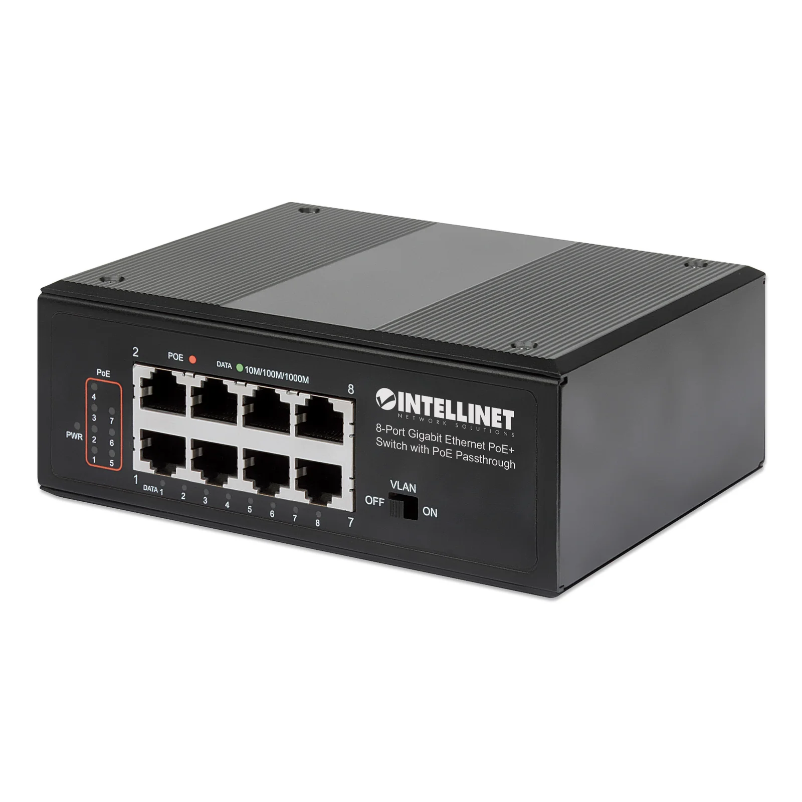 Commutateur réseau (switch) industriel Gigabit Ethernet PoE+ 8 ports avec passthrough PoE, 1 port PD PoE 95 W, 7 ports PSE PoE, budget PoE jusqu’à 120 W, IEEE 802.3at/af, montage sur rail DIN, garantie de 3 ans