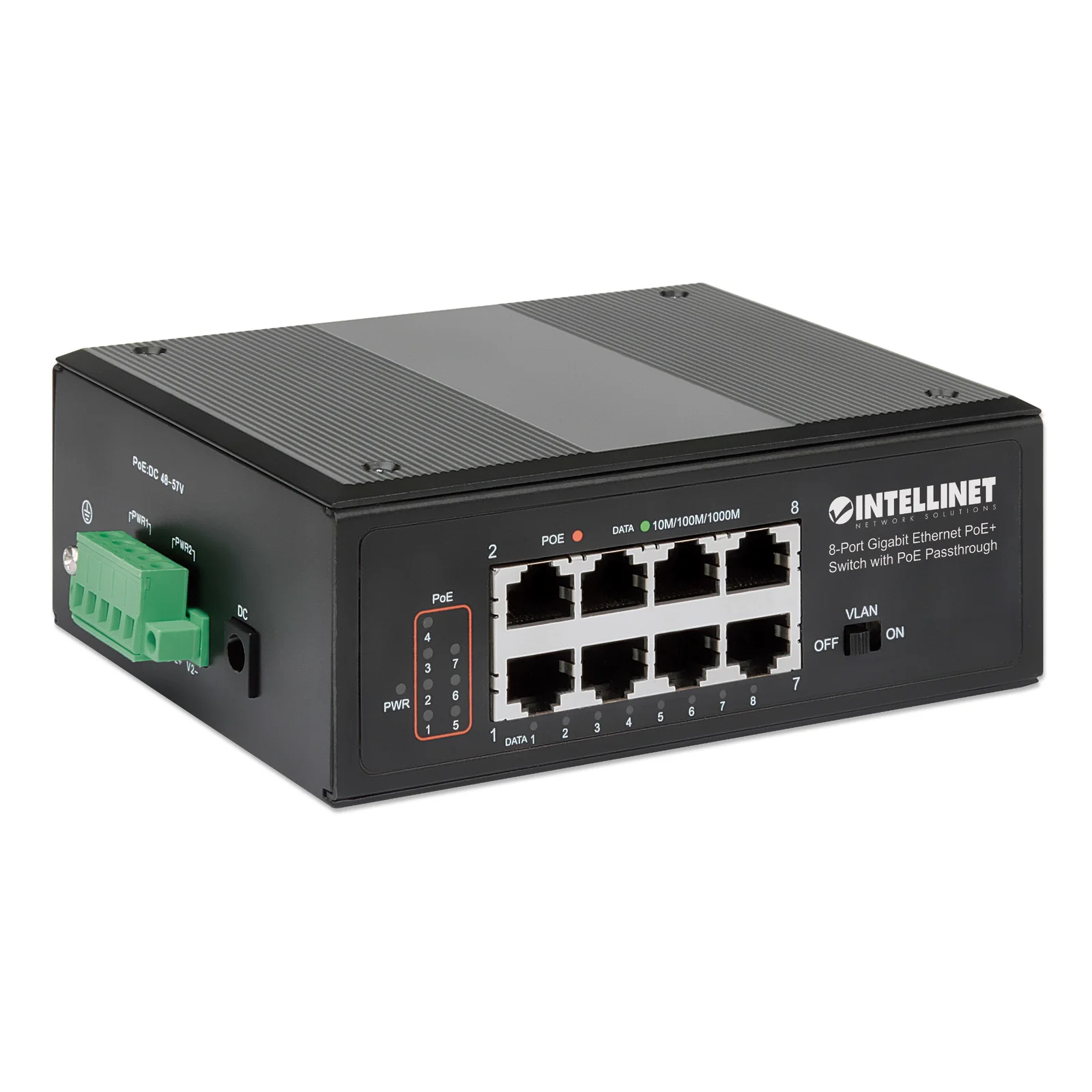 Intellinet Commutateur réseau (switch) industriel Gigabit Ethernet PoE+ 8 ports avec passthrough PoE, 1 port PD PoE 95 W, 7 ports PSE PoE, budget PoE jusqu’à 120 W, IEEE 802.3at/af, montage sur rail DIN, garantie de 3 ans