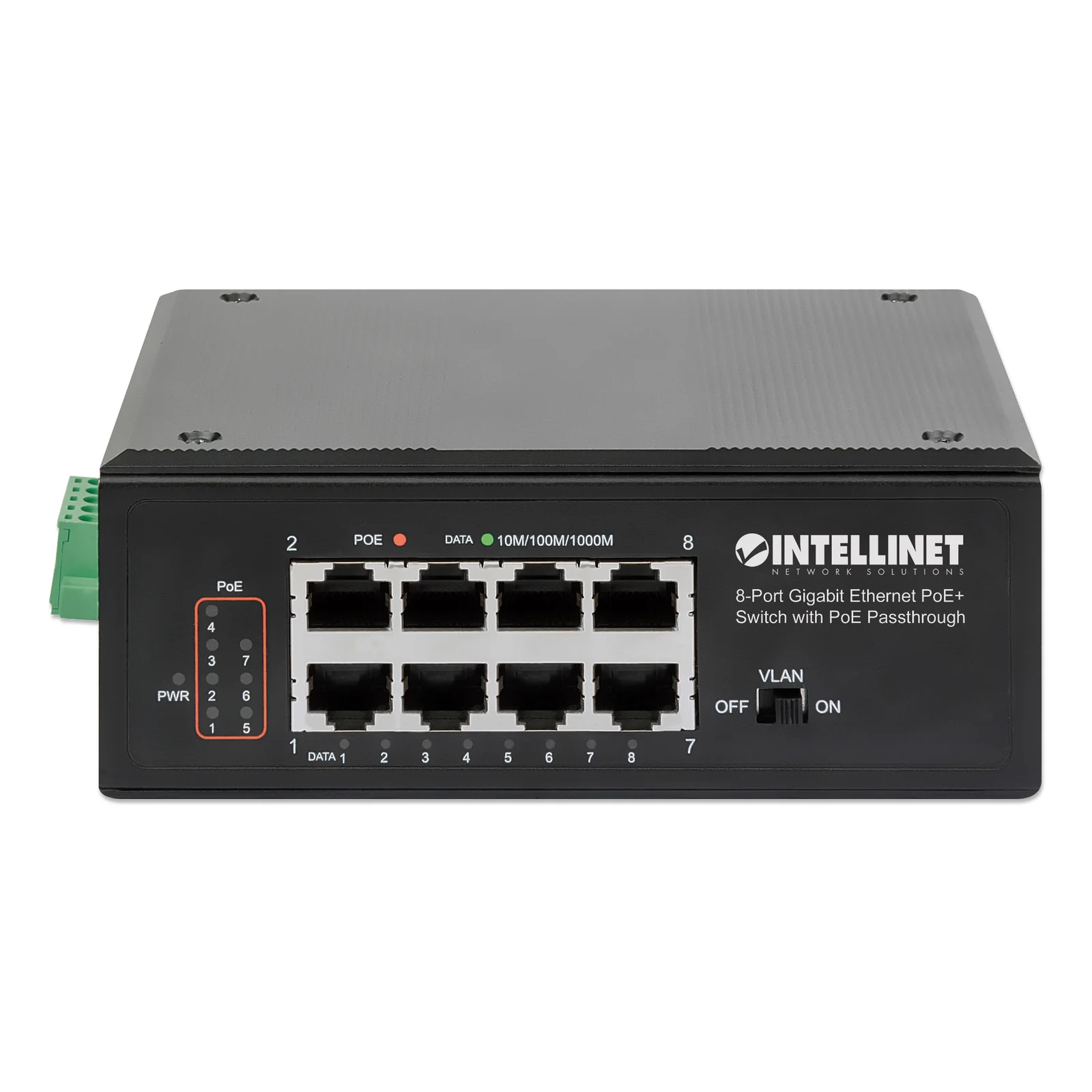 Intellinet Commutateur réseau (switch) industriel Gigabit Ethernet PoE+ 8 ports avec passthrough PoE, 1 port PD PoE 95 W, 7 ports PSE PoE, budget PoE jusqu’à 120 W, IEEE 802.3at/af, montage sur rail DIN, garantie de 3 ans